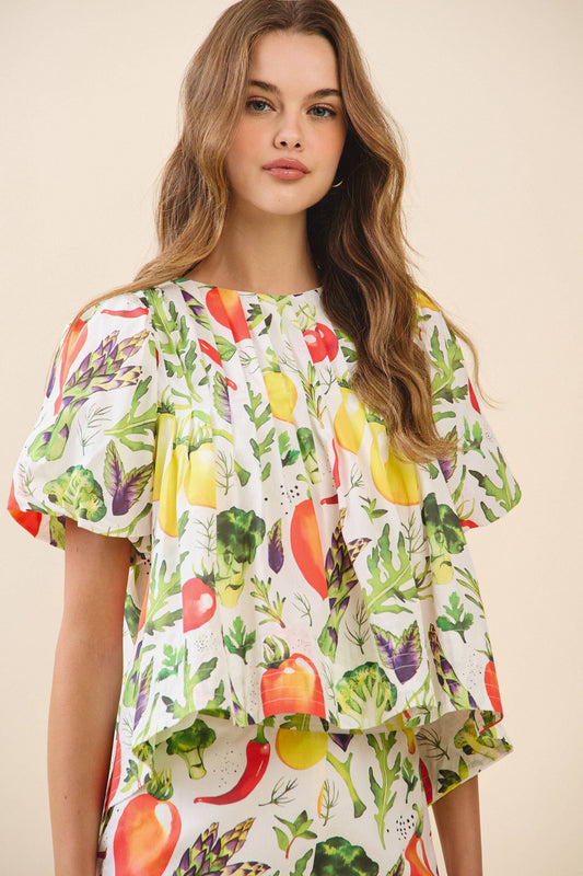 CT9559-Fruit Print Pleated Neckline Poplin Top: MULTI / S