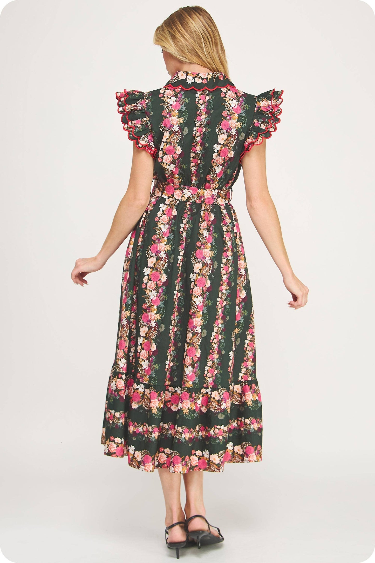 Ruffle Scallop Embroidery Floral Midi Dress: Deep Green/pink Multi / M