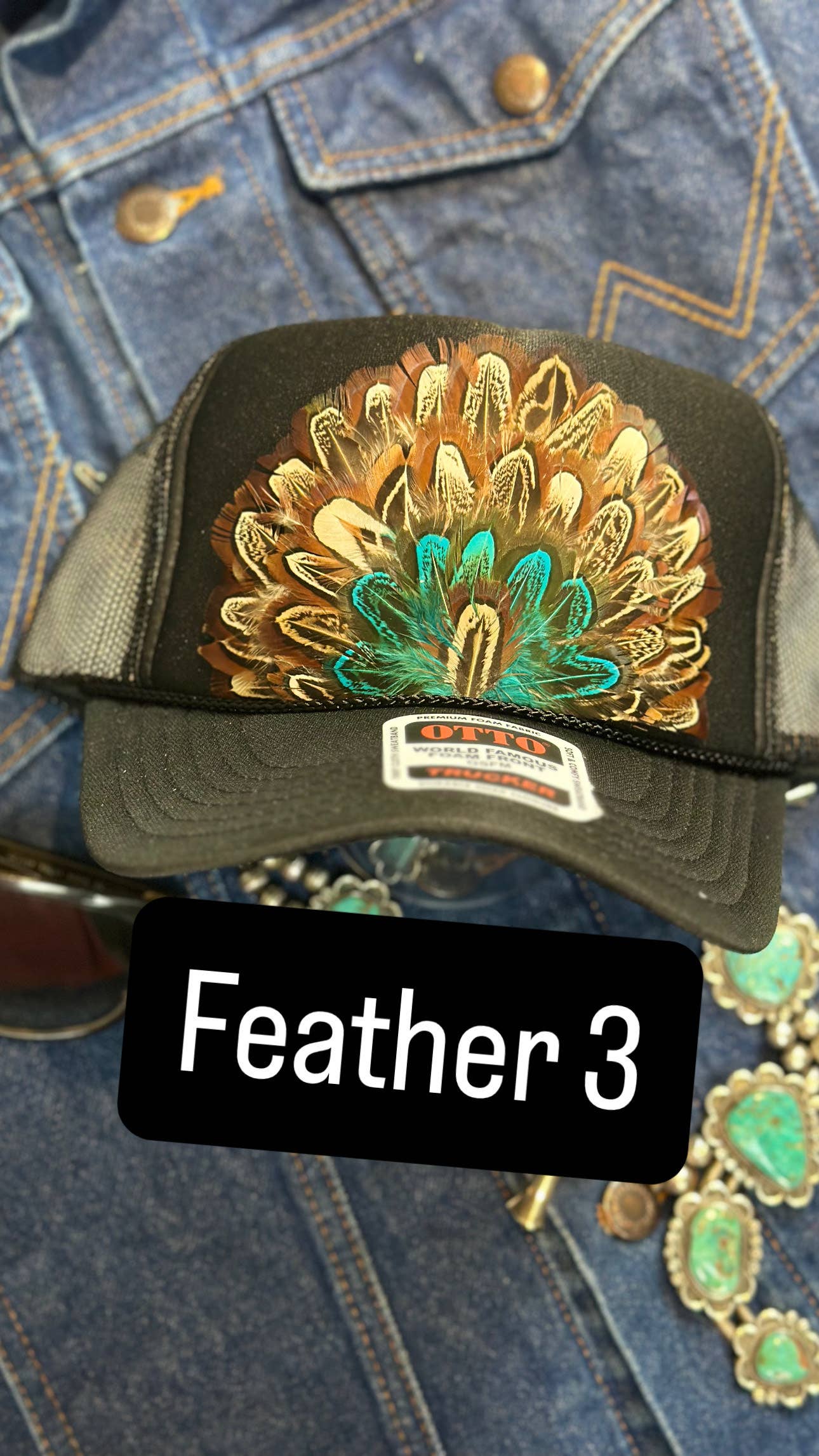 BLACK FEATHER TRUCKER HAT: With Faux Turquoise / Feather 8