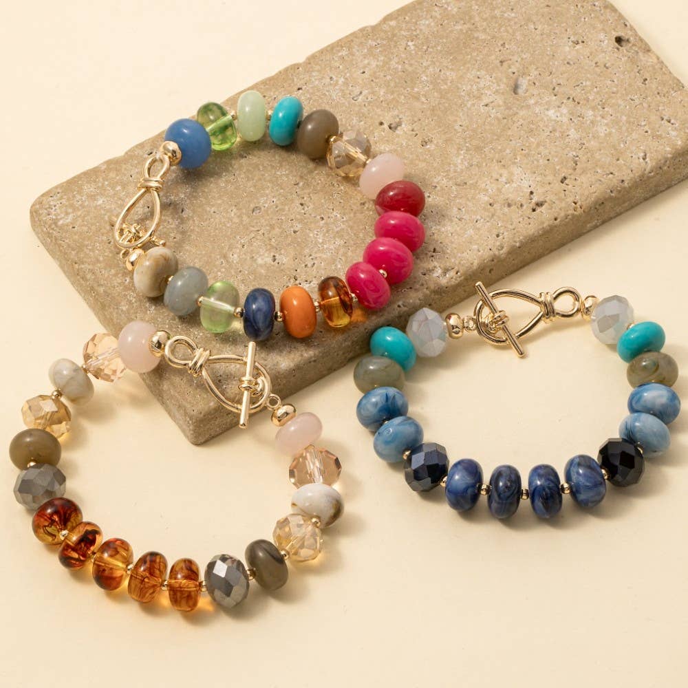 Mixed Faceted And Marble Resin Disc Beaded Toggle Bracelet: MUL