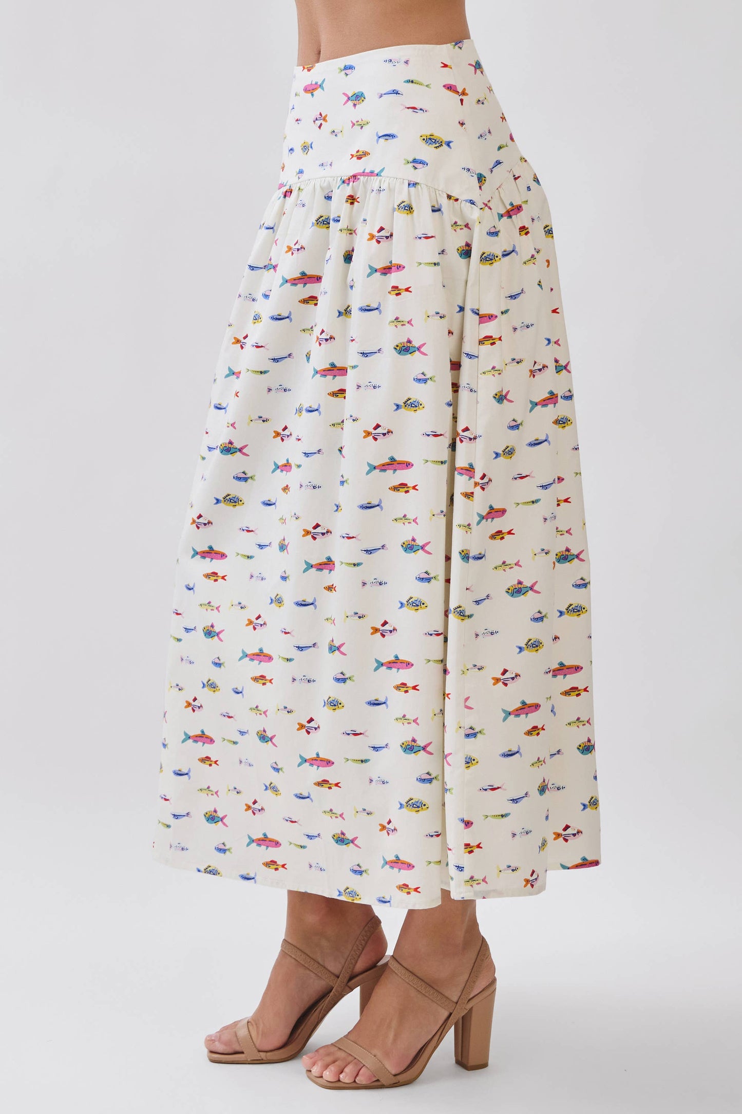CS4065-Colorful Fish Print Drop Waist Maxi Skirt: Cream / M