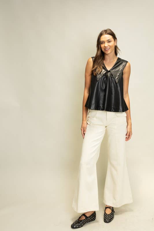 SOT1241 Faux Leather Sailor Collar Top: Black / S-M-L (2-2-2)
