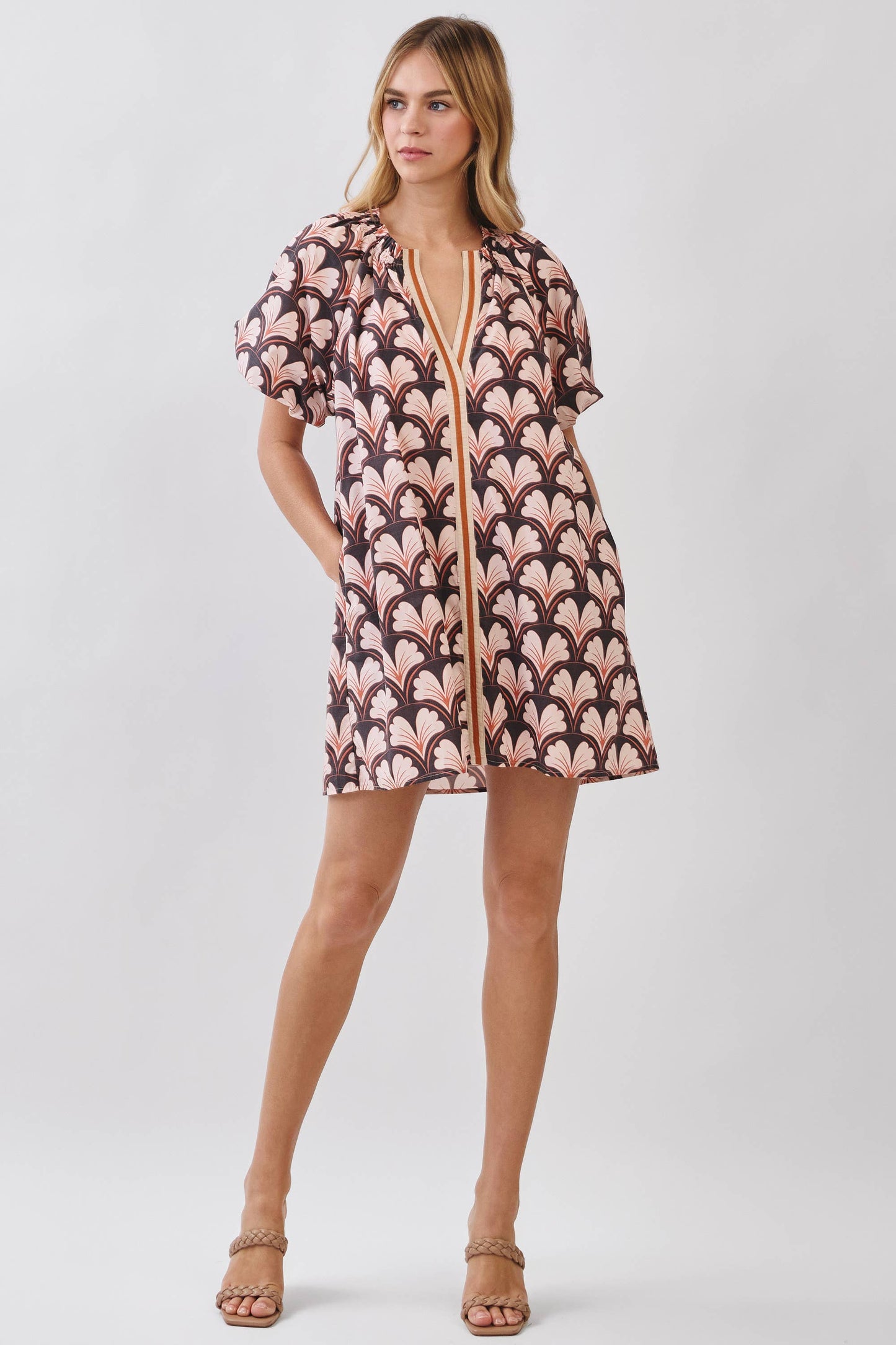 CD07019-Floral Print Puff Sleeve Mini Dress: Brown / S