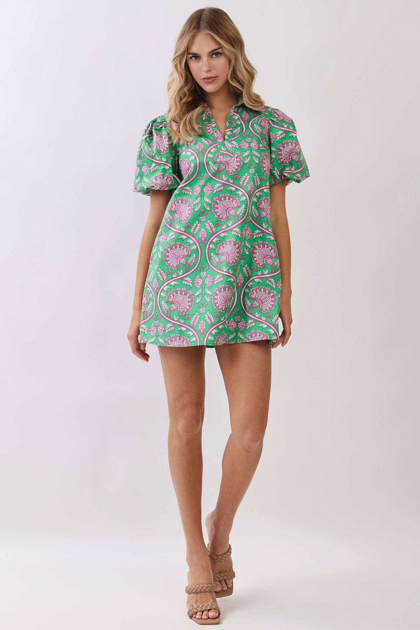 CD07213-Paisley Print Puff Sleeve Mini Dress: Green / M