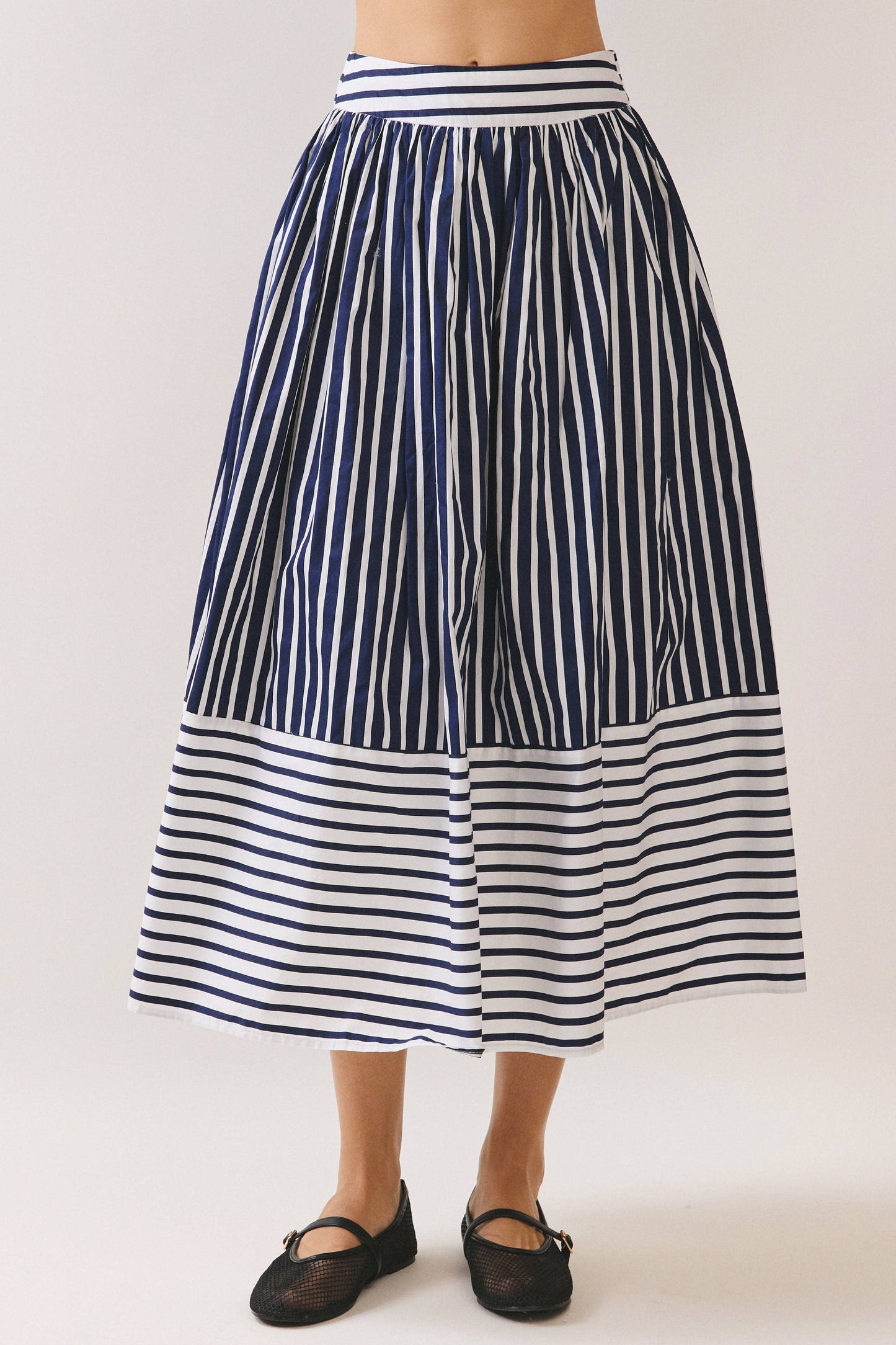 CS3917-Striped Self Tie Belt High Waist Midi Skirt: NAVY / M