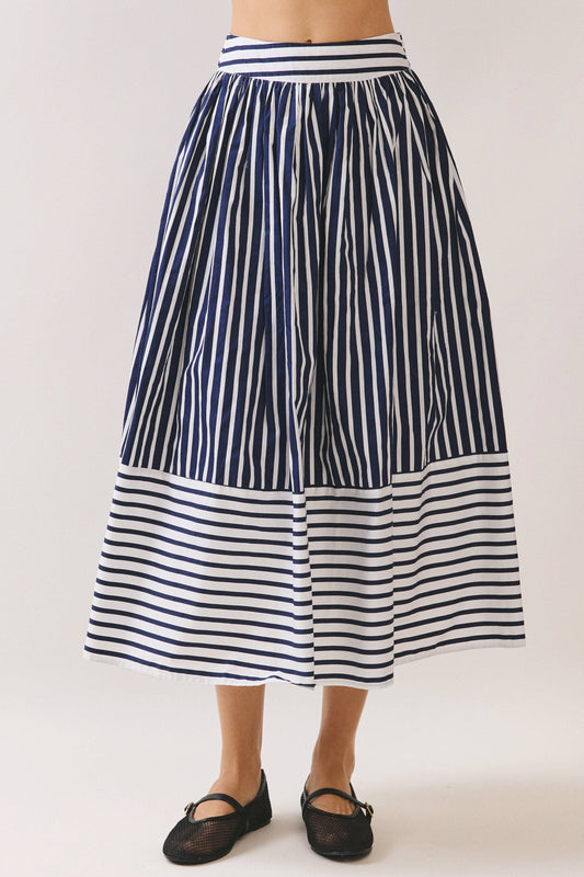 CS3917-Striped Self Tie Belt High Waist Midi Skirt: NAVY / M