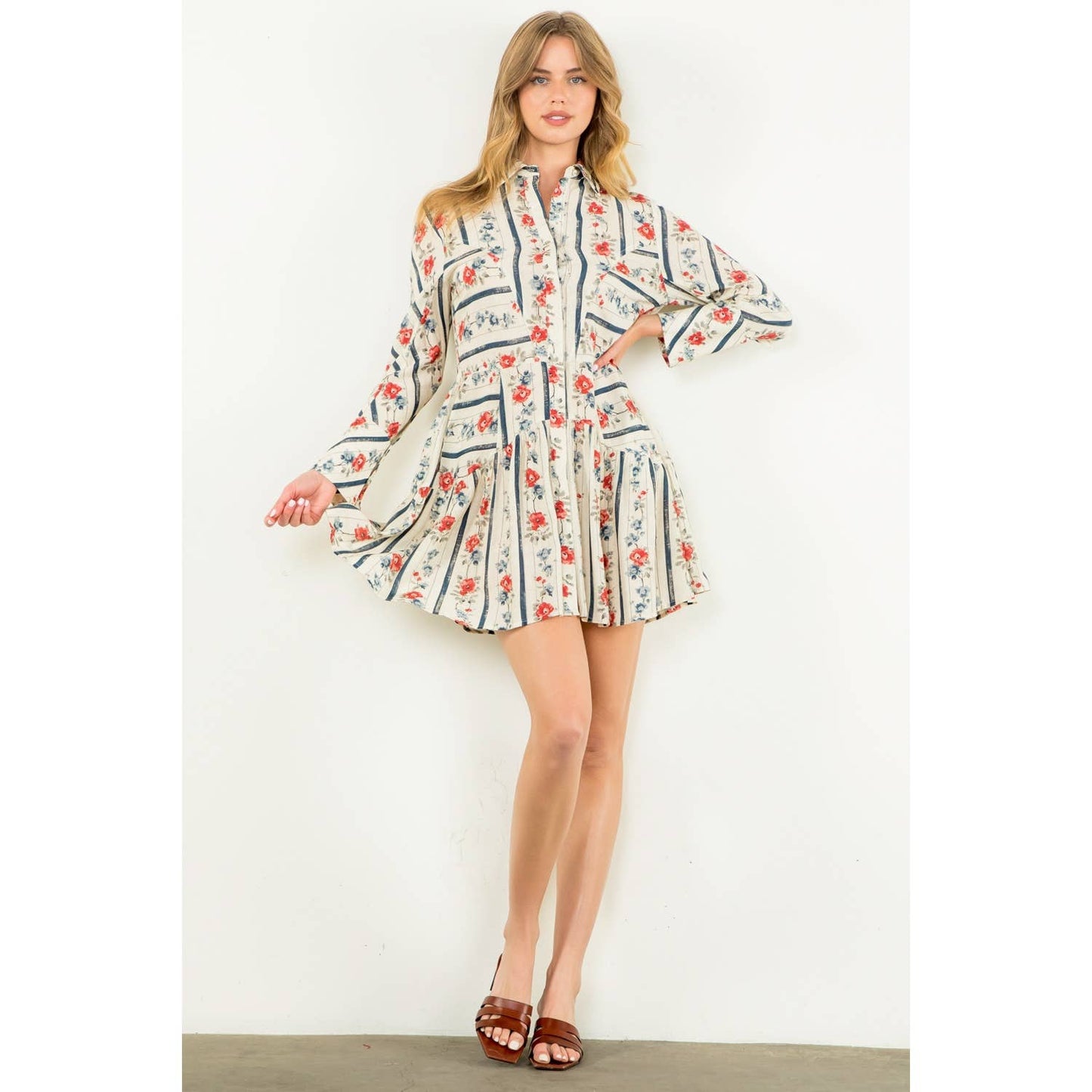 Long Sleeve Floral Dress: CREAM / XS-S-M-L(1-2-2-1)
