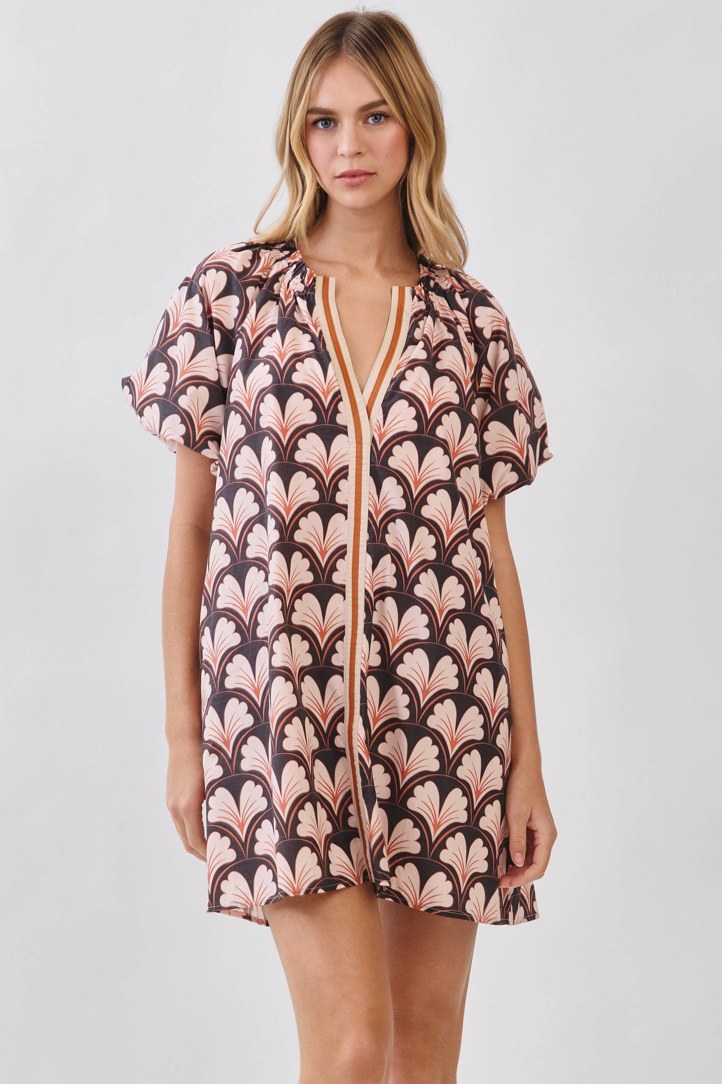 CD07019-Floral Print Puff Sleeve Mini Dress: Brown / L
