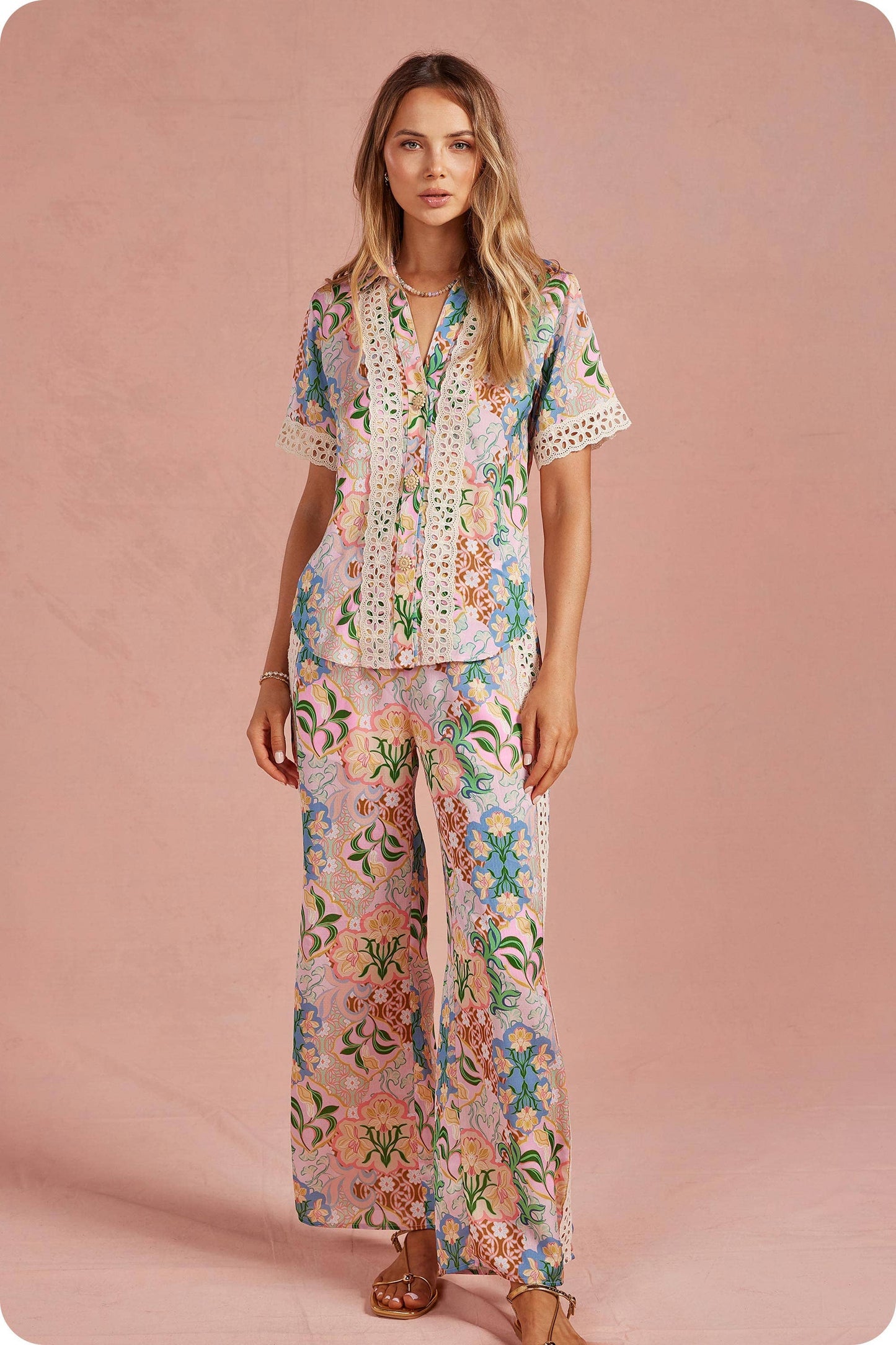 Garden Party Crochet Contrast Trim Satin Shirt: Multi / L