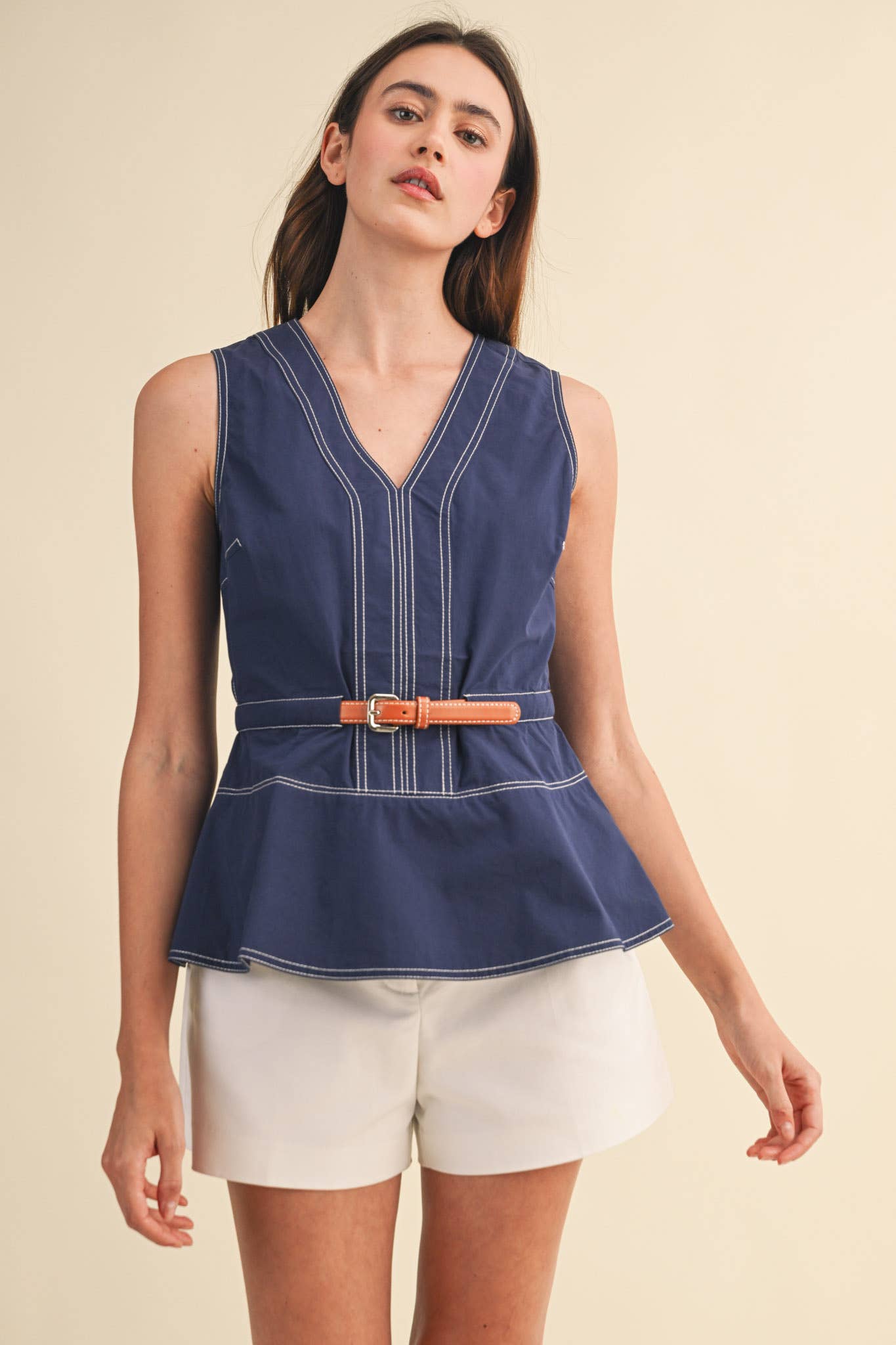 SLEEVELESS BELTED PEPLUM TOP MTP4684: OFF WHITE / S