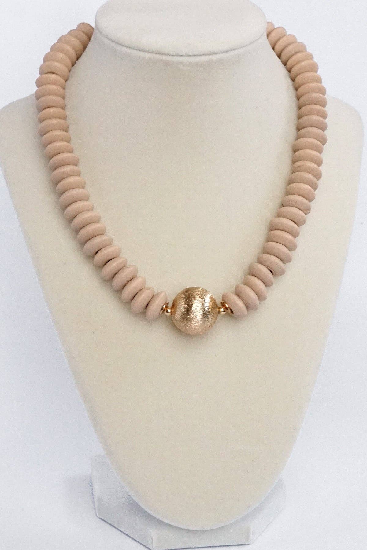 Wood Saucer Beads Short Statement Necklace Gold center Hot Pink Beige: Beige