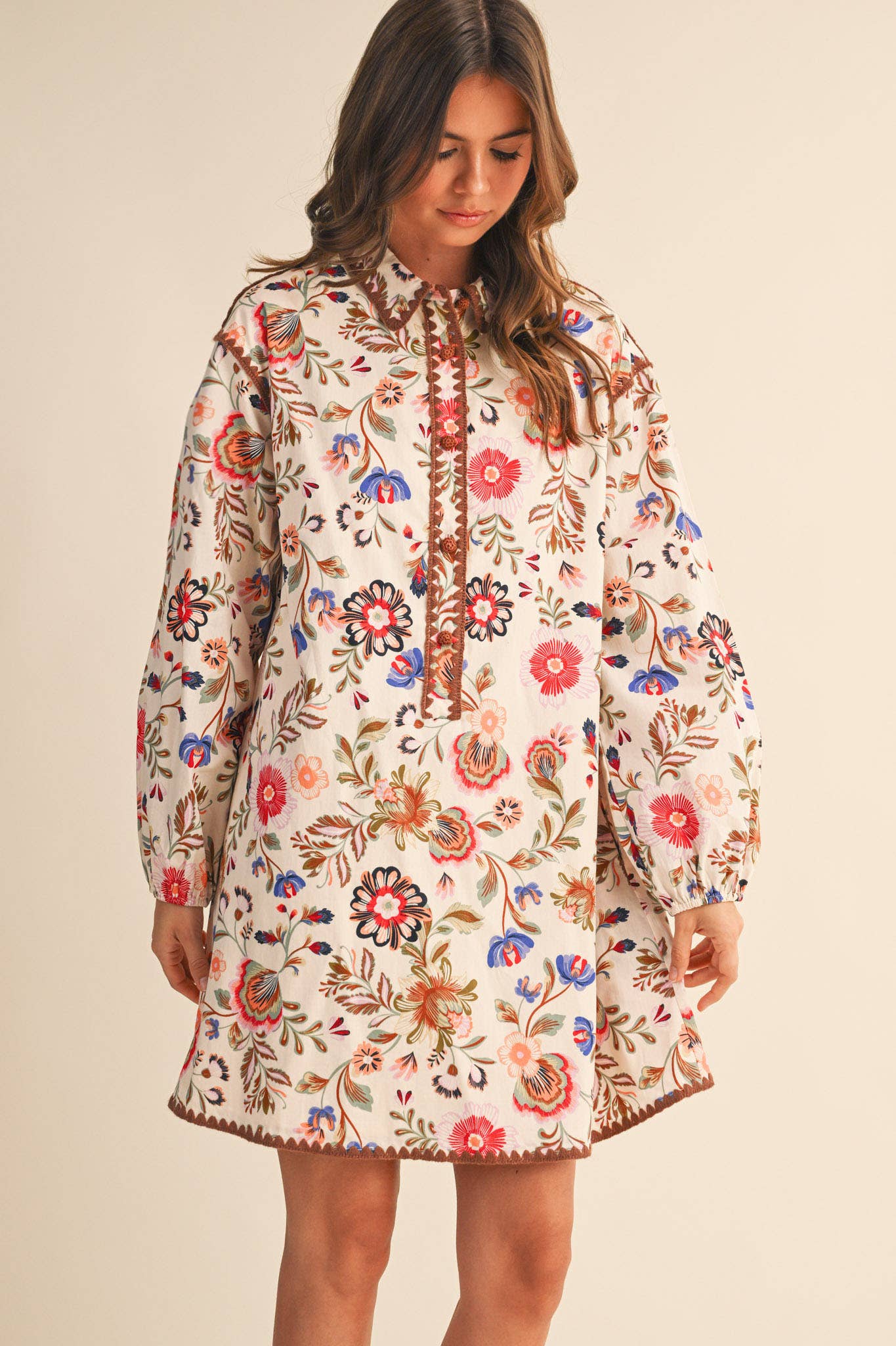 EXCLUSIVE PRINT BLANKET STITCH BUTTONED MINI DRESS MDR4298: Cream Multi / M