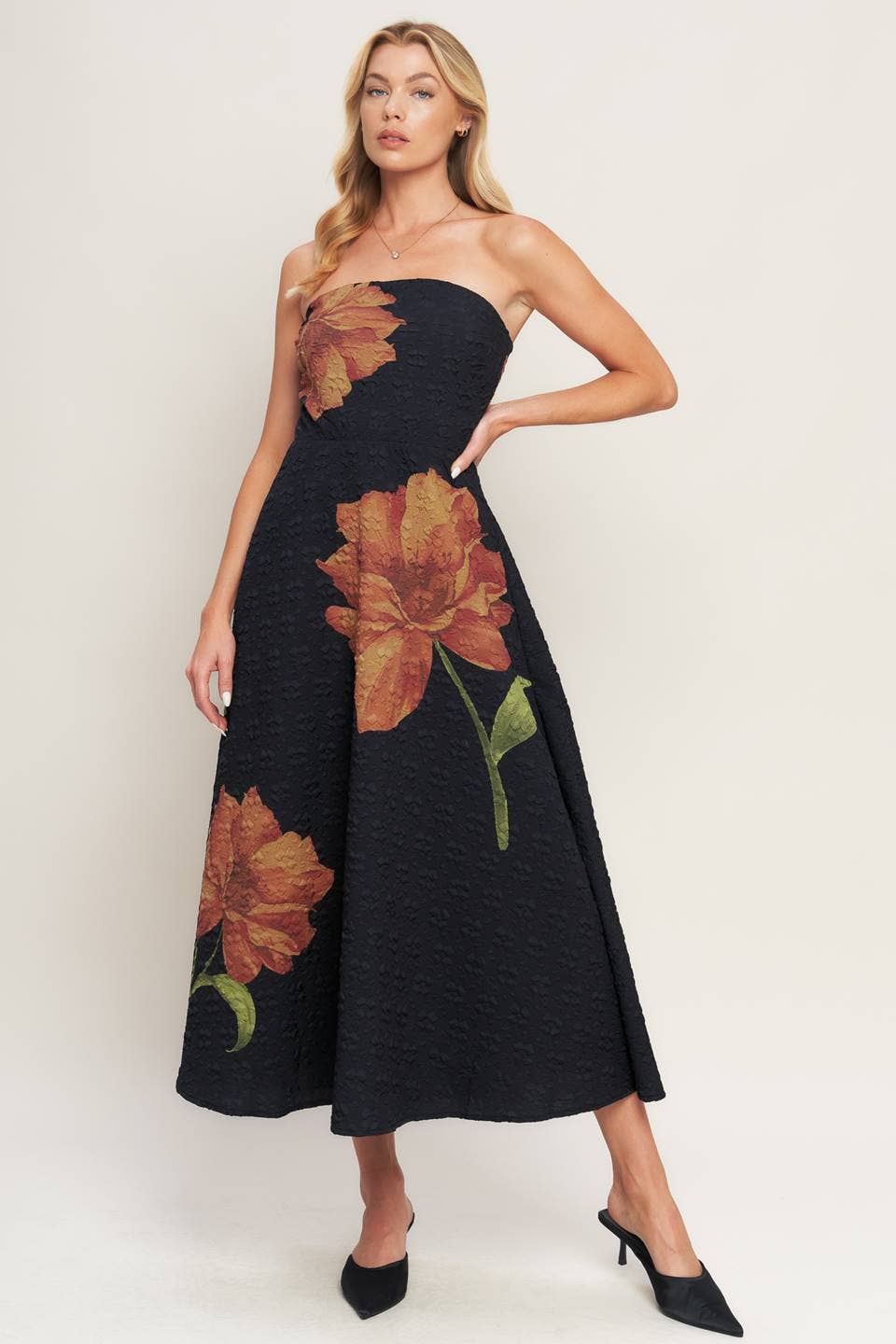 A printed textured woven midi dress - ID23194: Black / Contemporary / S