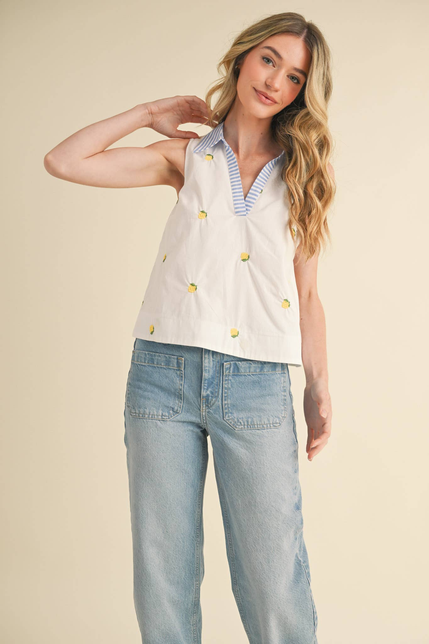 FRUIT EMBROIDERY COLLARED TANK MTP3591: Lemon / L