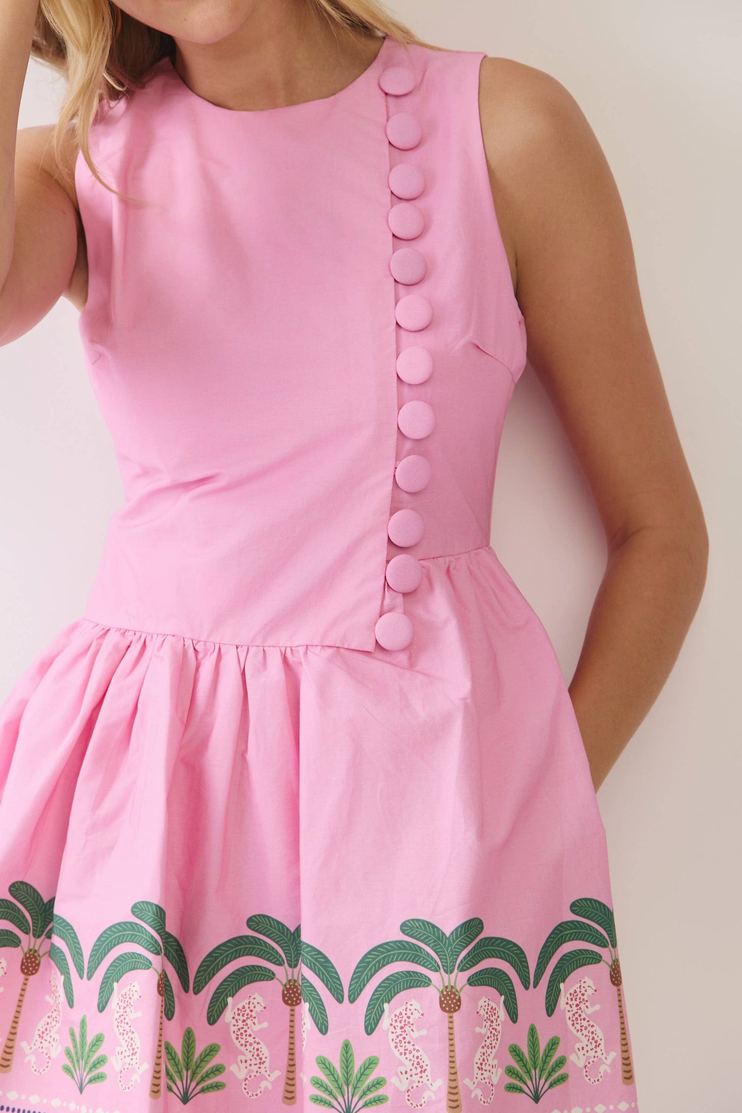 CD07105-Tropical Border Print Sleeveless Mini Dress: Pink / S
