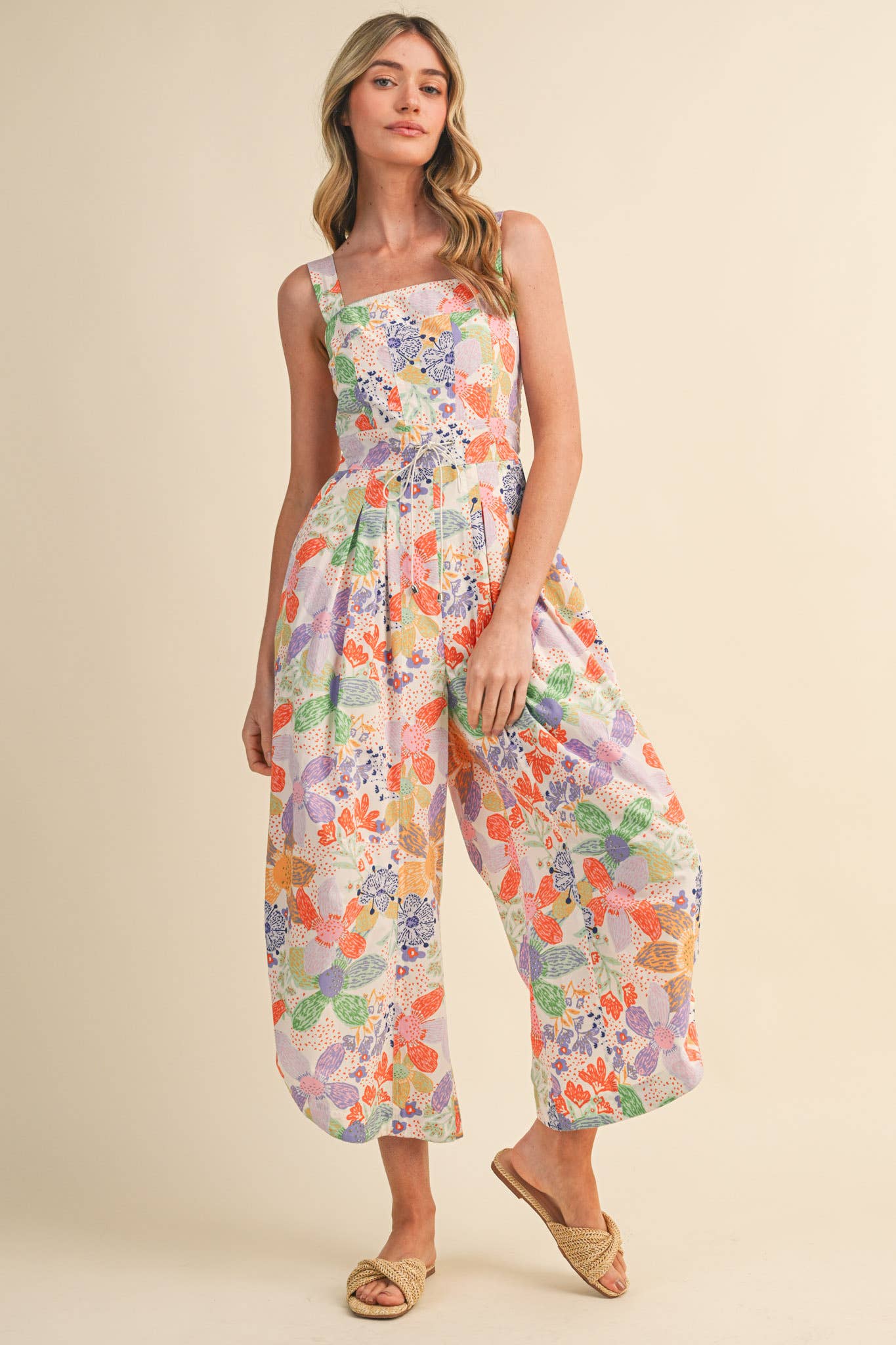 EXCLUSIVE FLORAL PLEATED CROPPED WIDE LEG JUMPSUIT MP4967: CORAL MULTI / S