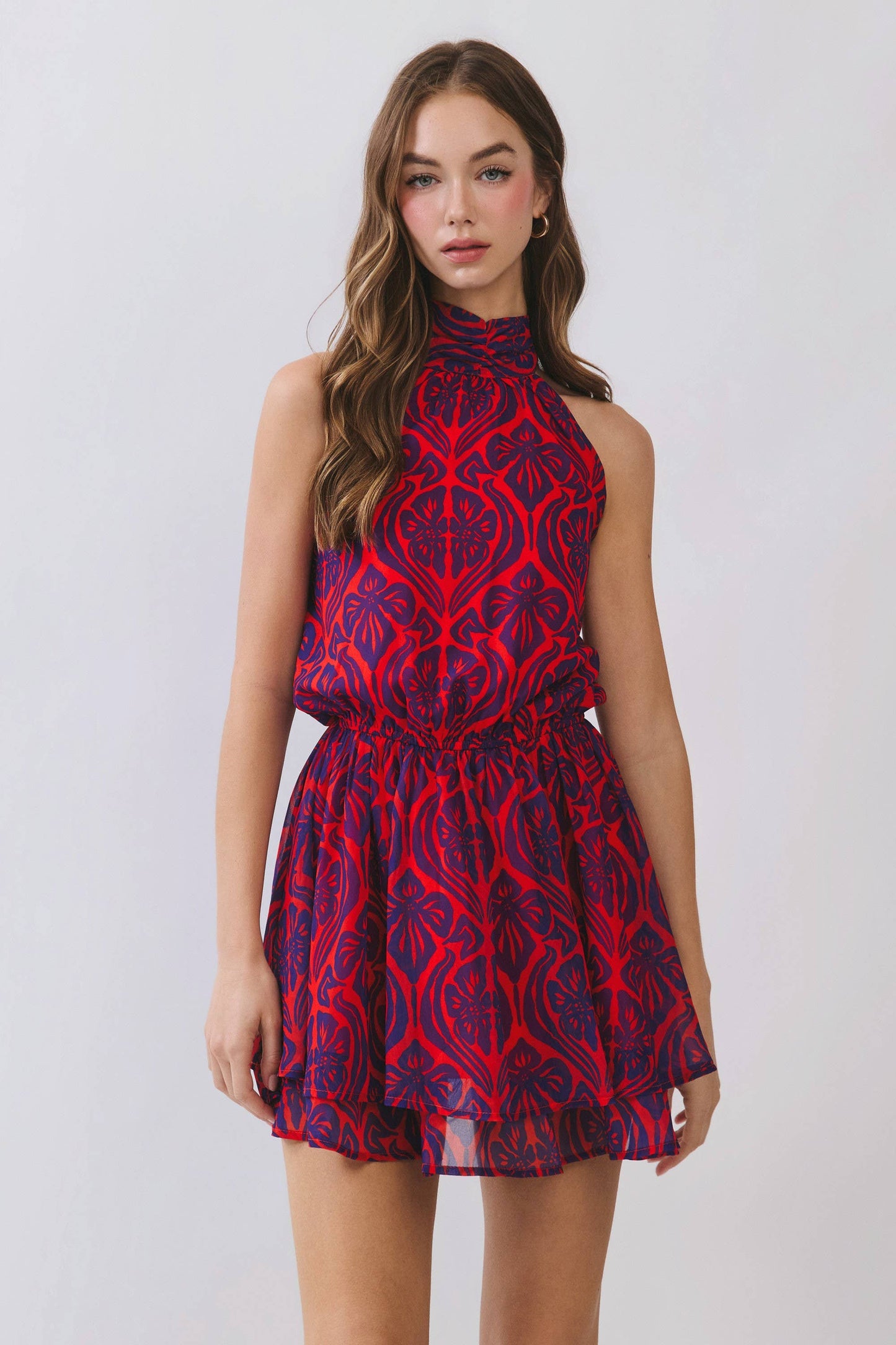 CD07143-Printed Open Back Halter Neck  Mini Dress: Red / M