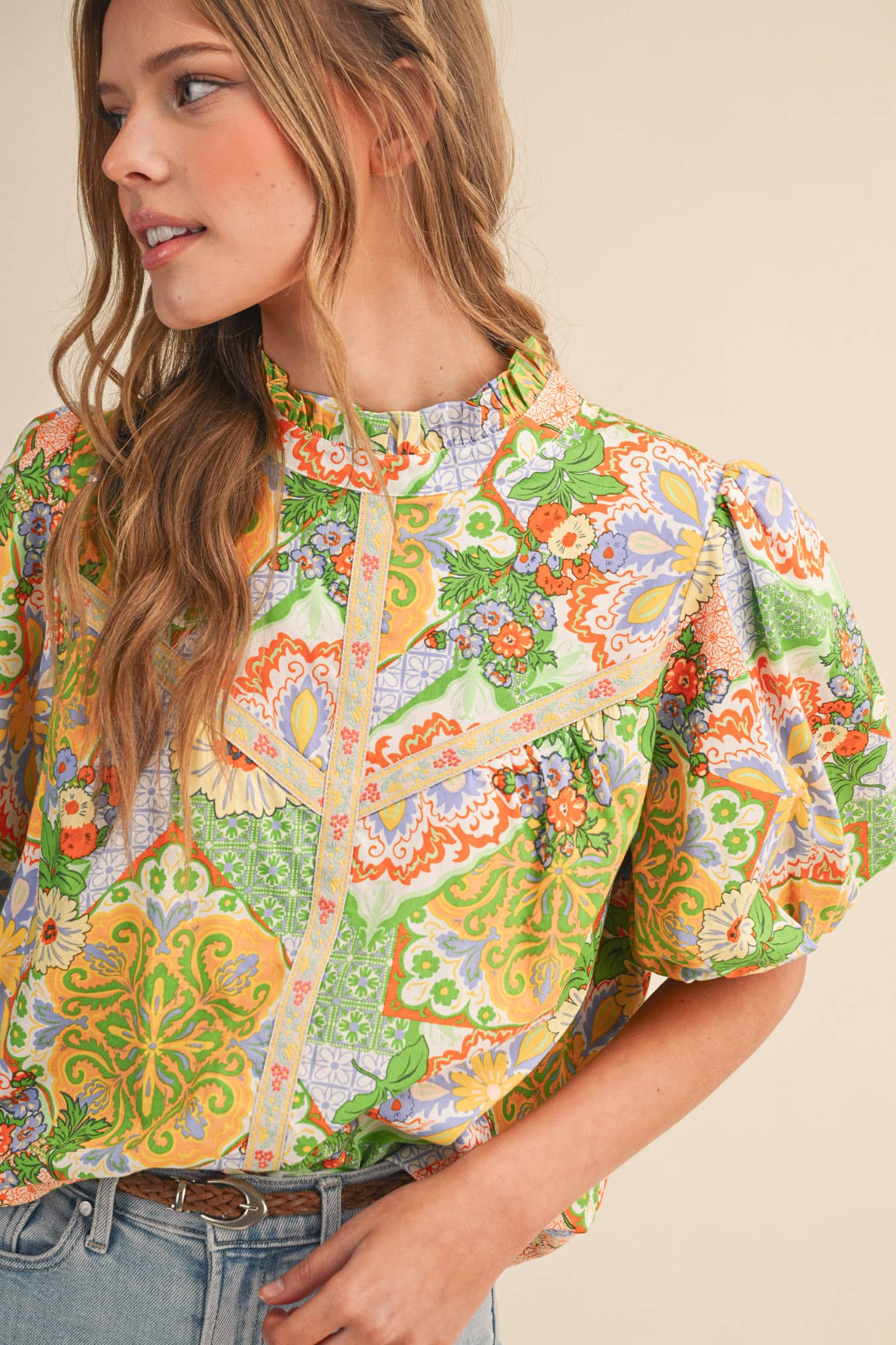 EXCLUSIVE FLORAL PRINT EMBROIDERY TRIM TOP MTP4610: ORANGE MULTI PAISLEY / L