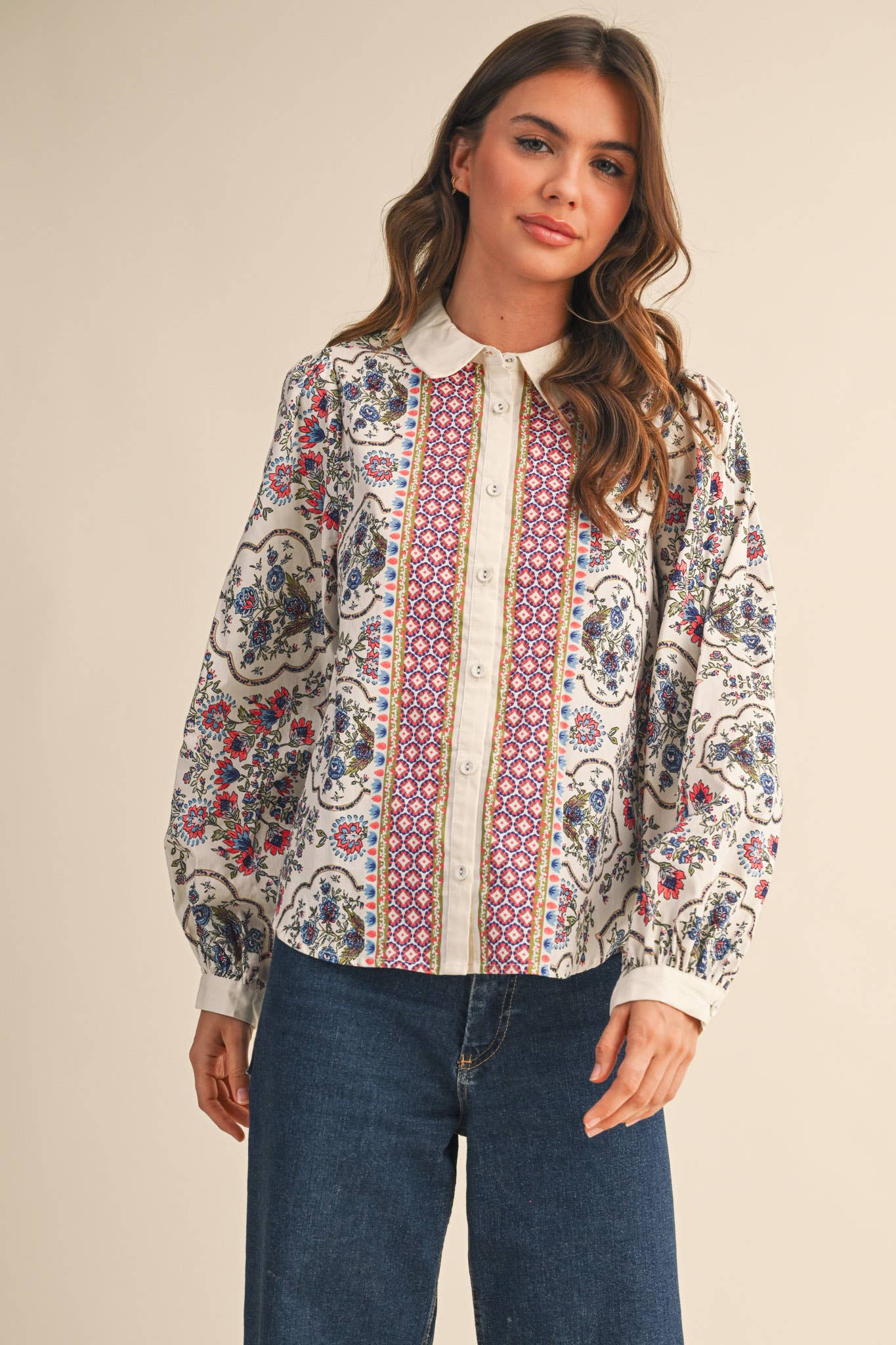 EXCLUSIVE FLORAL BORDER PRINT BUTTON UP TOP MTP4126: Ivory Multi / L