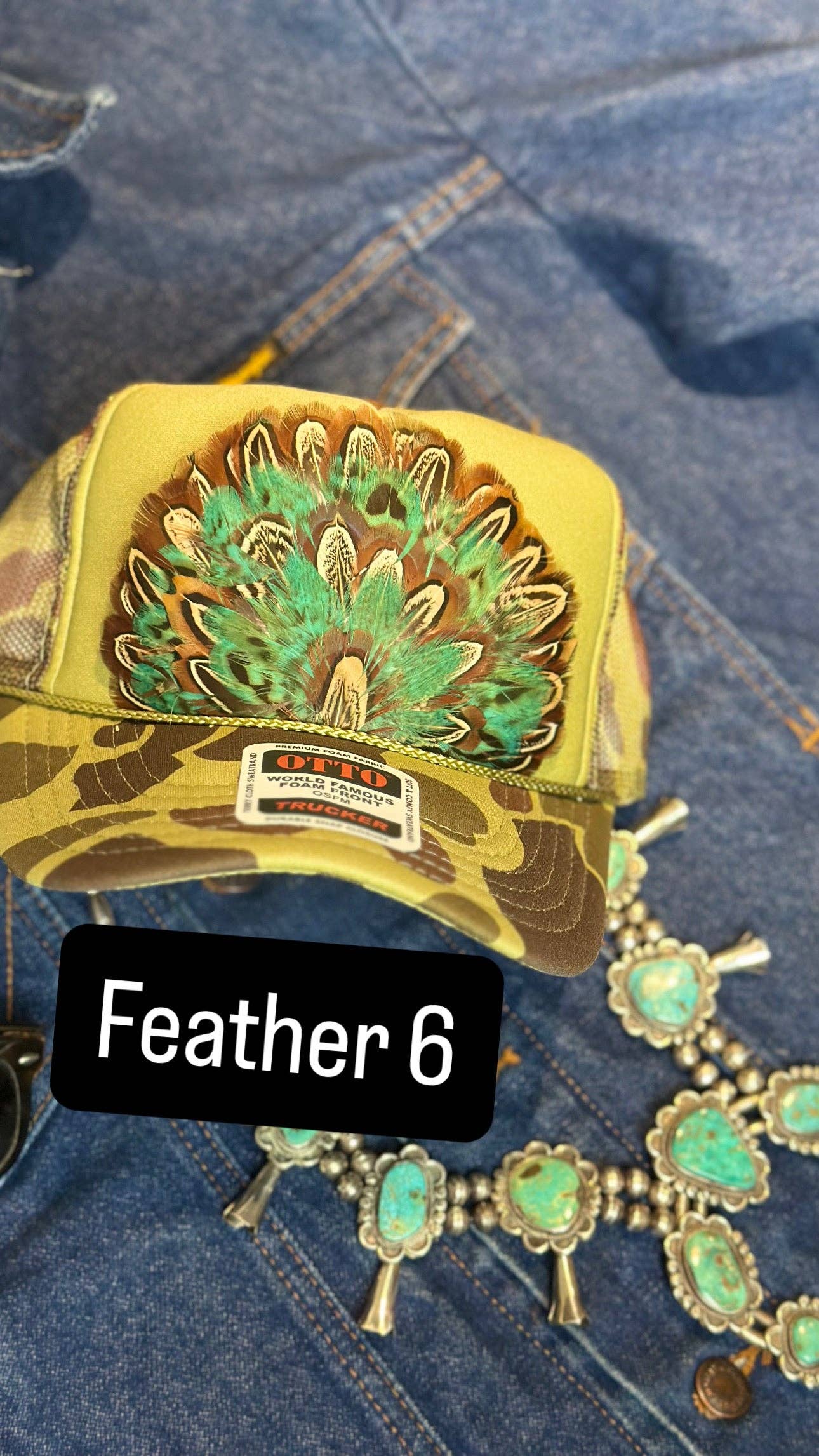 GREEN CAMO CAMOUFLAGE FEATHER TRUCKER HAT: With Faux Turquoise / Feather 8