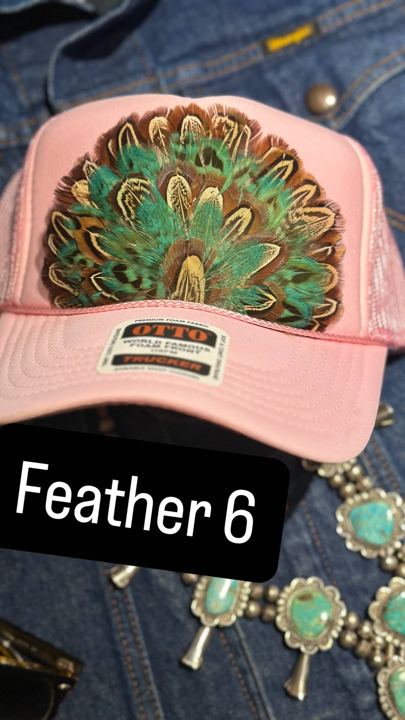 LIGHT PINK FEATHER TRUCKER HAT: No Faux Turquoise / Feather 9