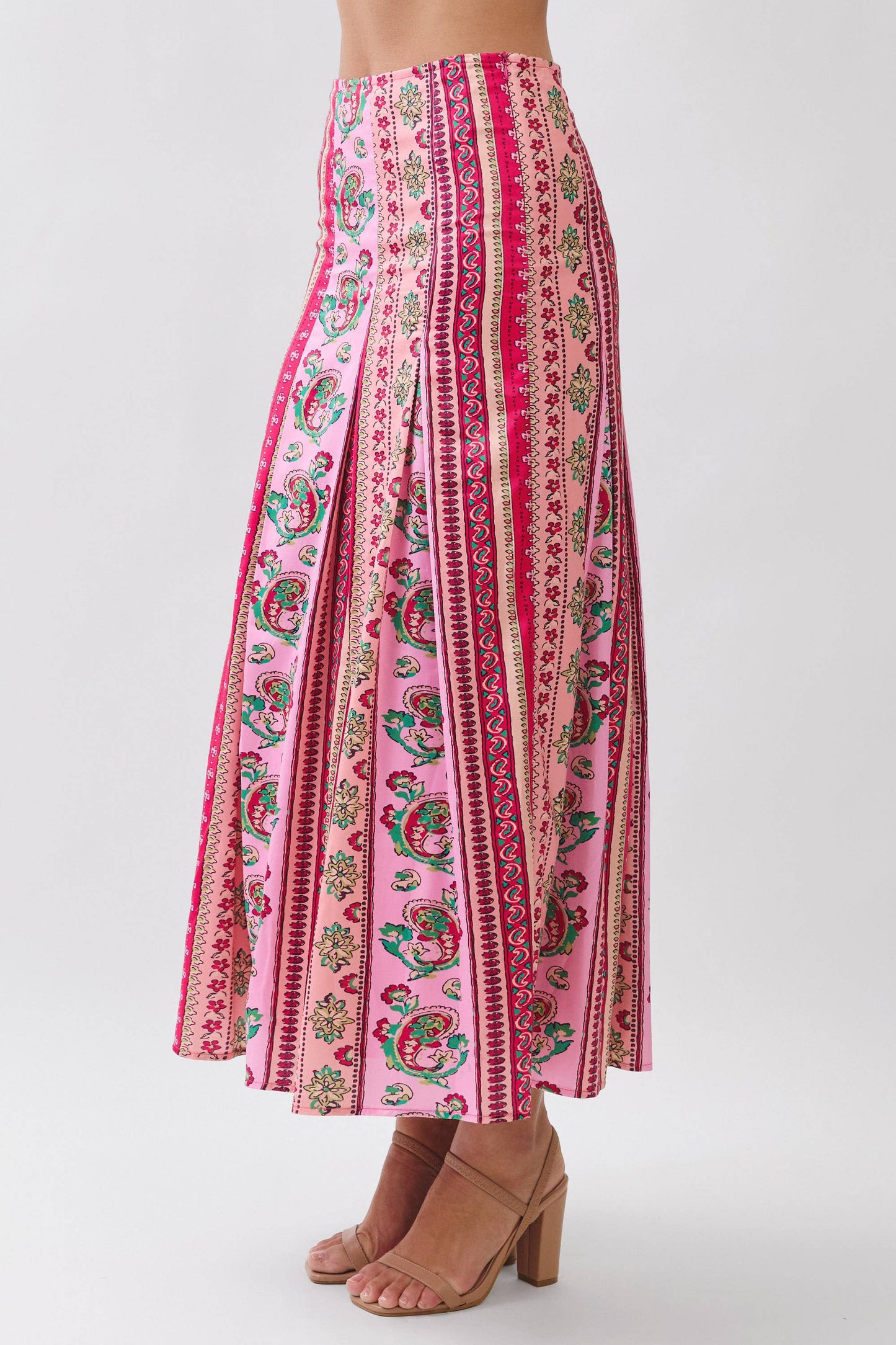 CS4057-Border Print Side Zipper Maxi Skirt: Fuchsia / L