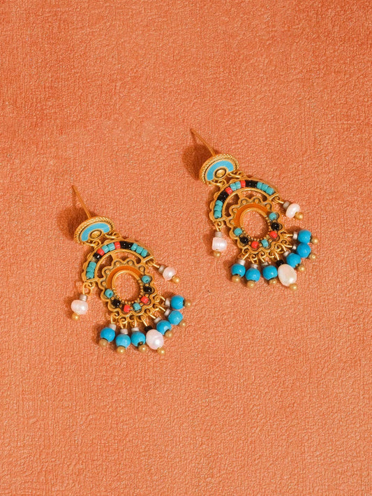 Edwin 18K Gold Boho Oval Tassel Beaded Earring: Blue
