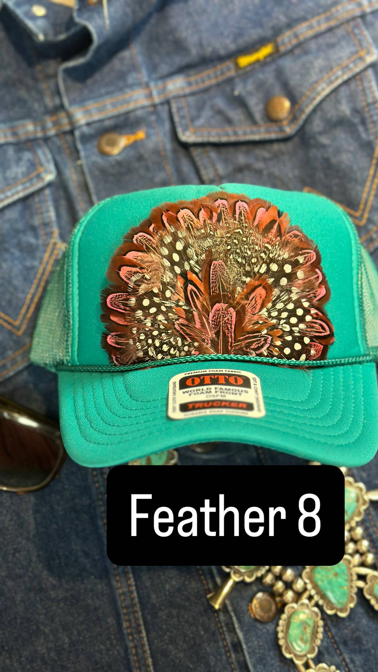 JADE FEATHER TRUCKER HAT: No Faux Turquoise / Feather 4