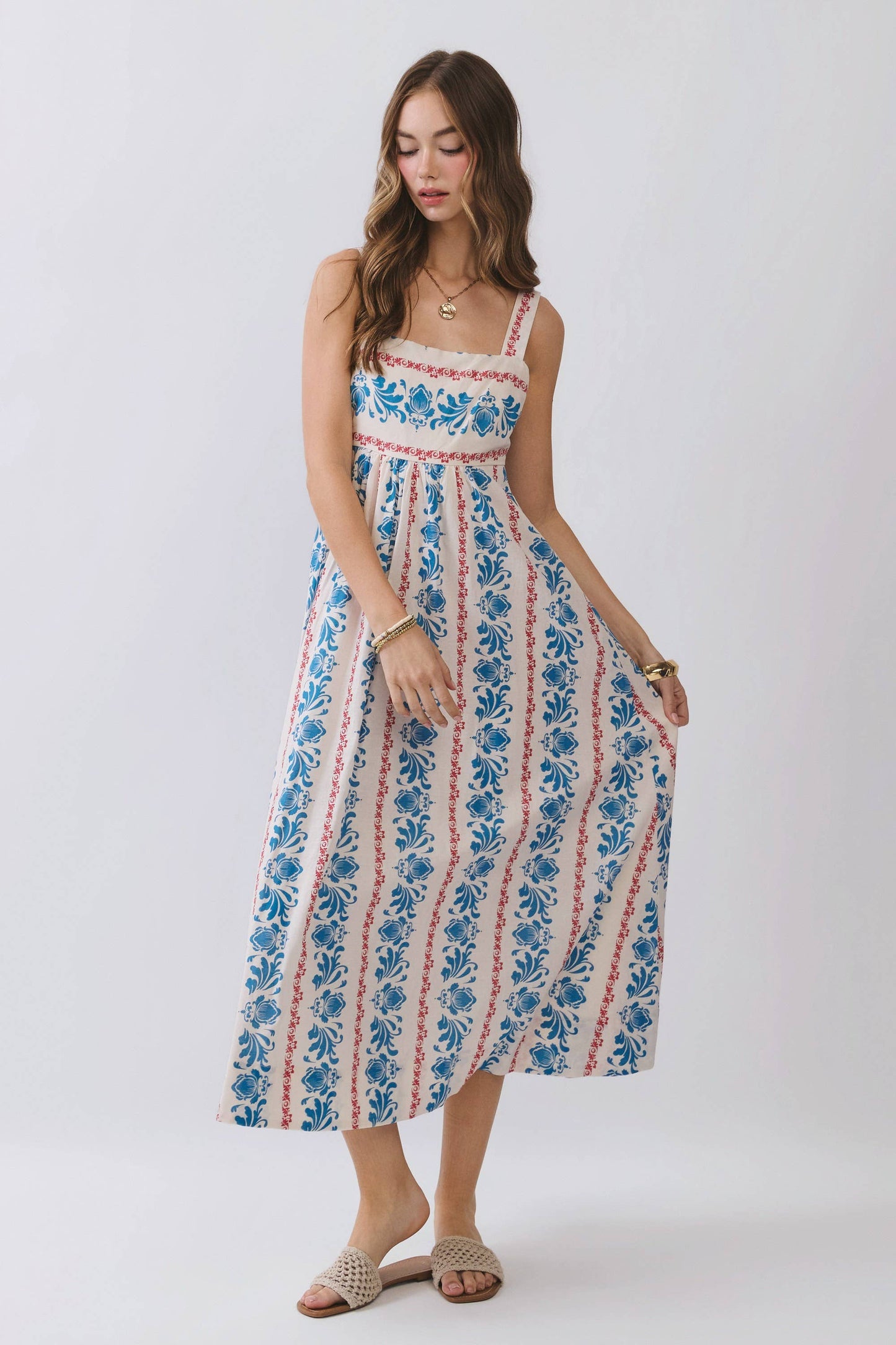 CD07119-Floral Stripe Print Square Neck Midi Dress : Blue / S