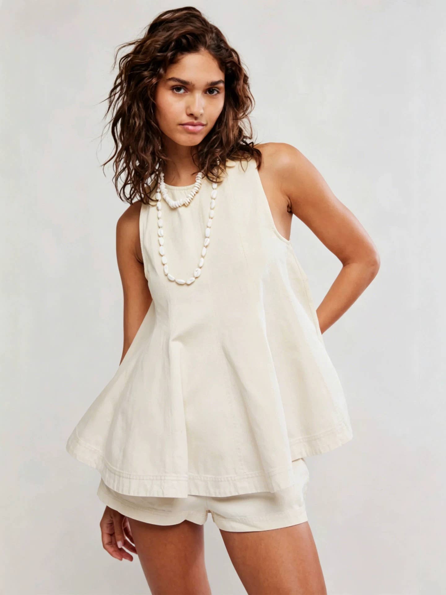 Denim Outfit Set-Sleeveless Top & Elastic-Waist Shorts: White / S