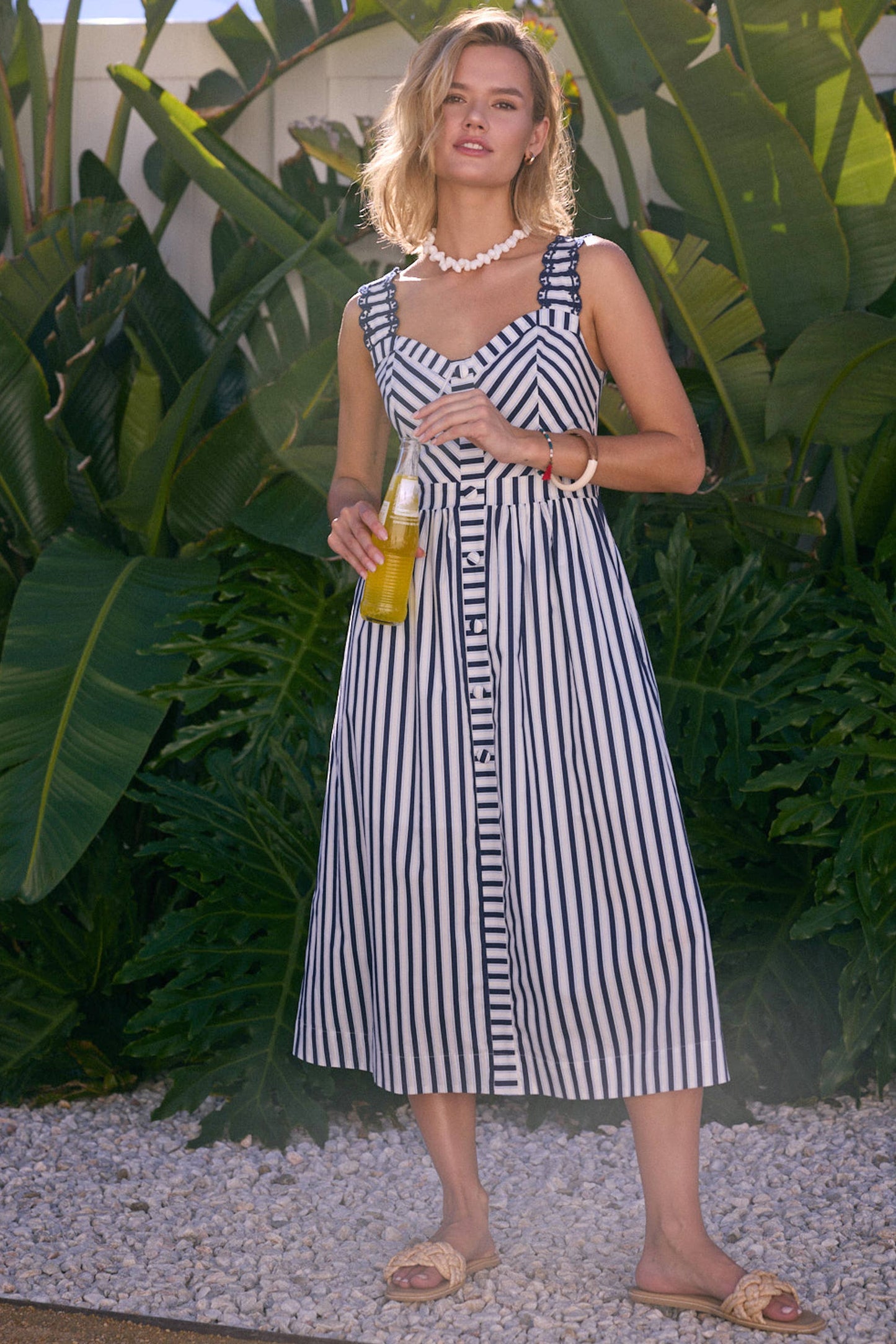 Striped Midi Dress with Embroidered Detail: Red-White / XS