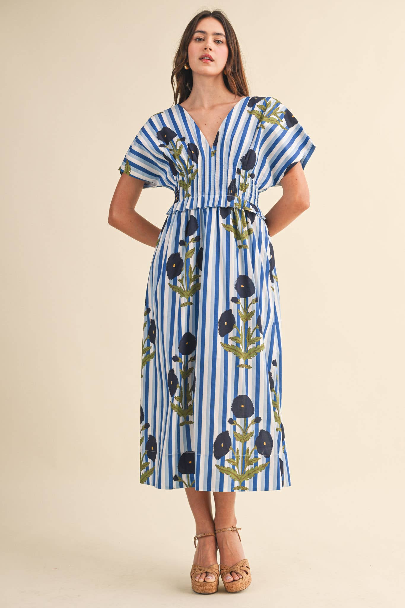 STRIPED FLORAL PIN TUCK WAIST MIDI DRESS MDR4787: BLUE FLORAL STRIPE / L