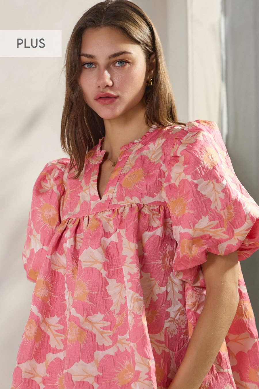 Plus Floral Satin Weave Jacquard Babydoll Top: Sage Pink / 3XL