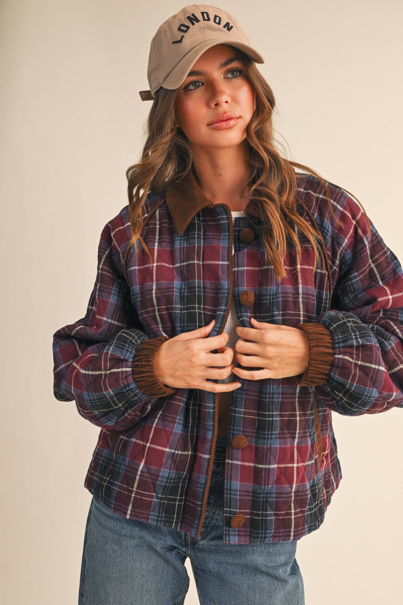 PLAID QUILTED JACKET WITH CONTRAST CORDUROY DETAIL MJK4115: Olive Multi Plaid / M