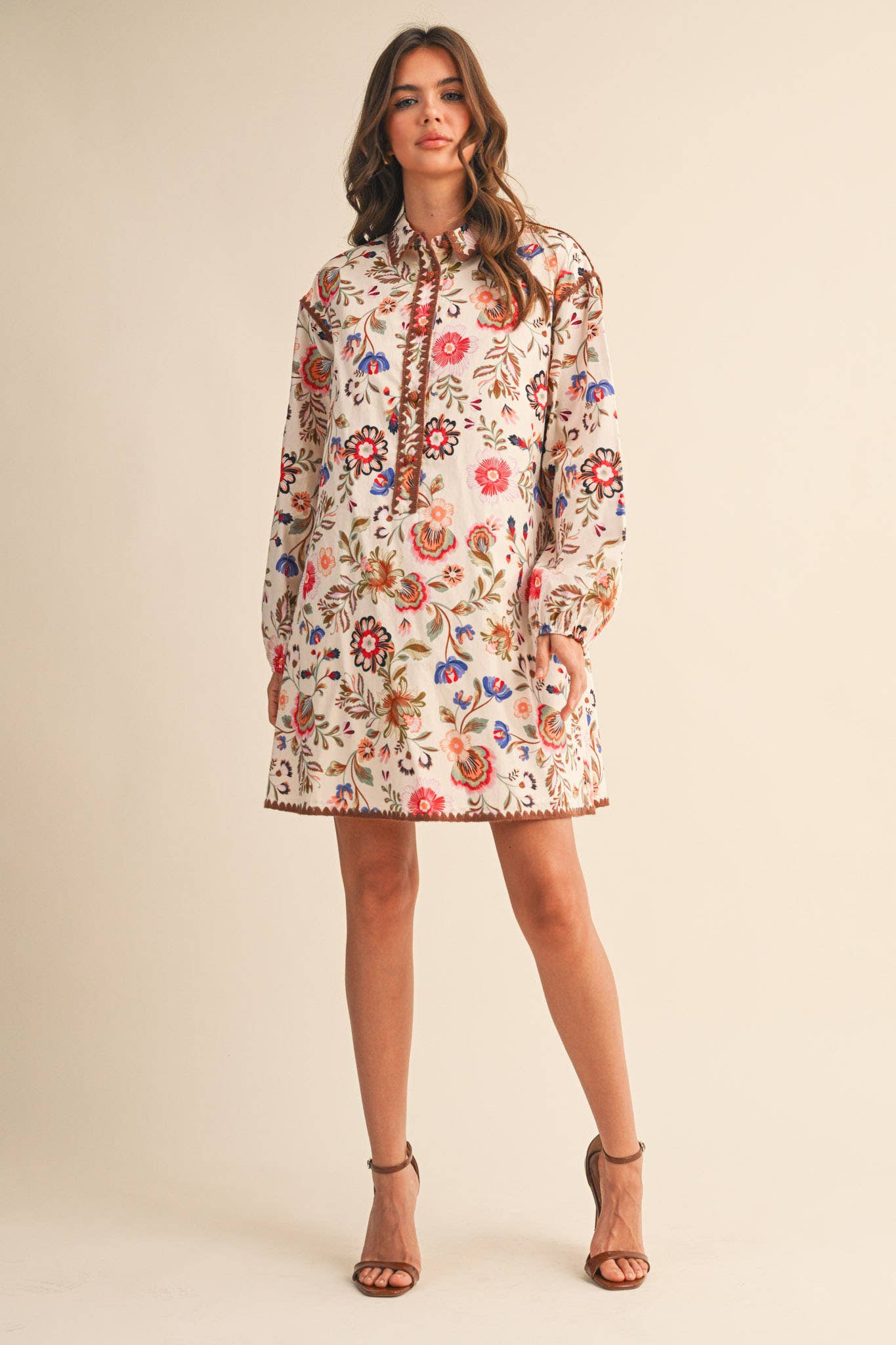 EXCLUSIVE PRINT BLANKET STITCH BUTTONED MINI DRESS MDR4298: Cream Multi / M