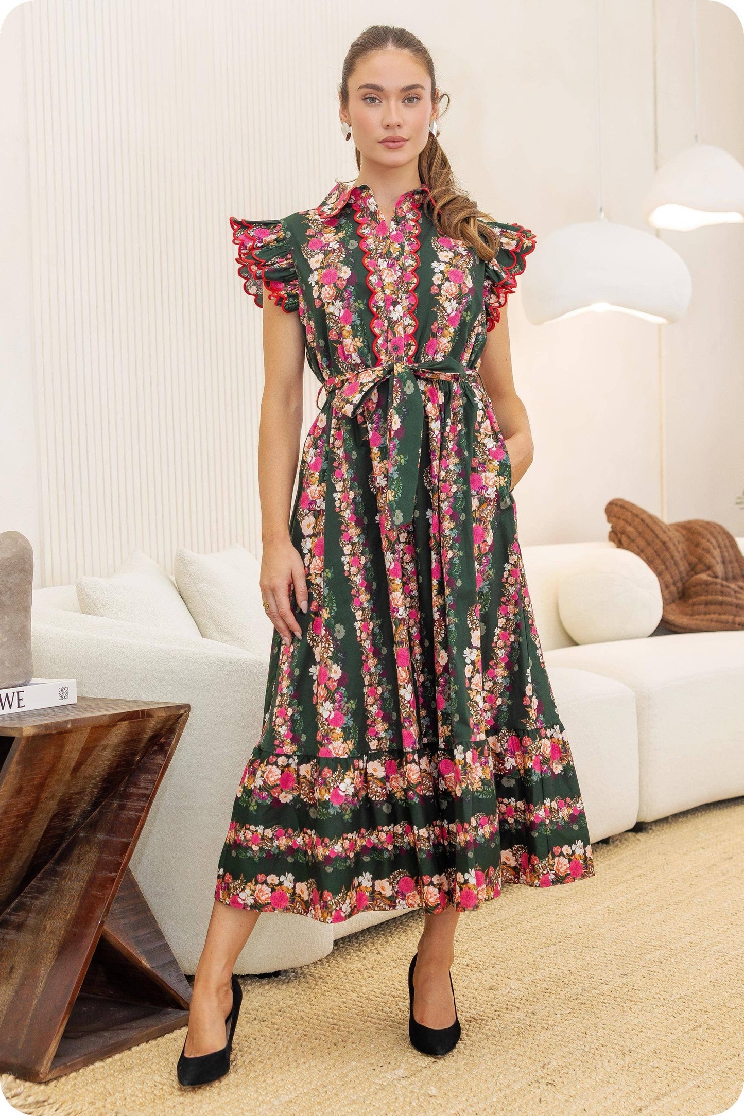 Ruffle Scallop Embroidery Floral Midi Dress: Deep Green/pink Multi / M