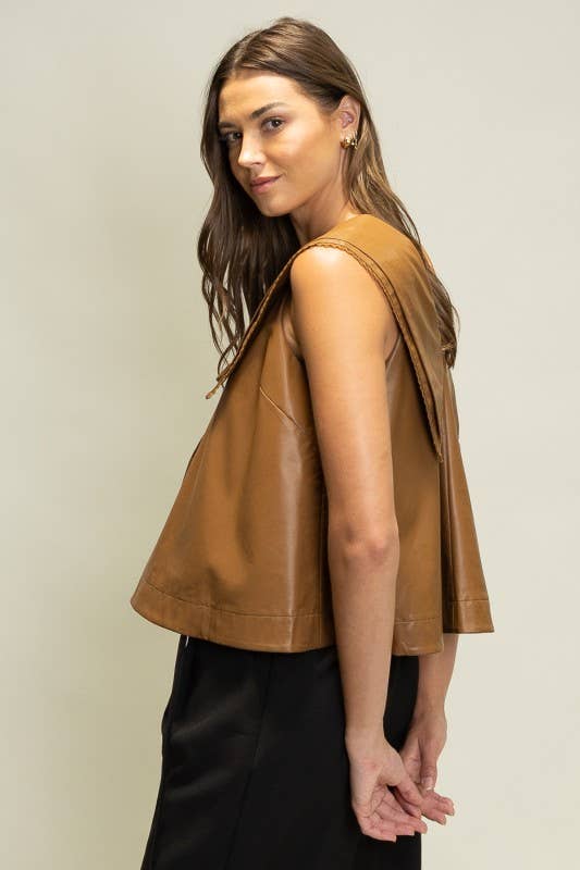 SOT1241 Faux Leather Sailor Collar Top: Black / S-M-L (2-2-2)