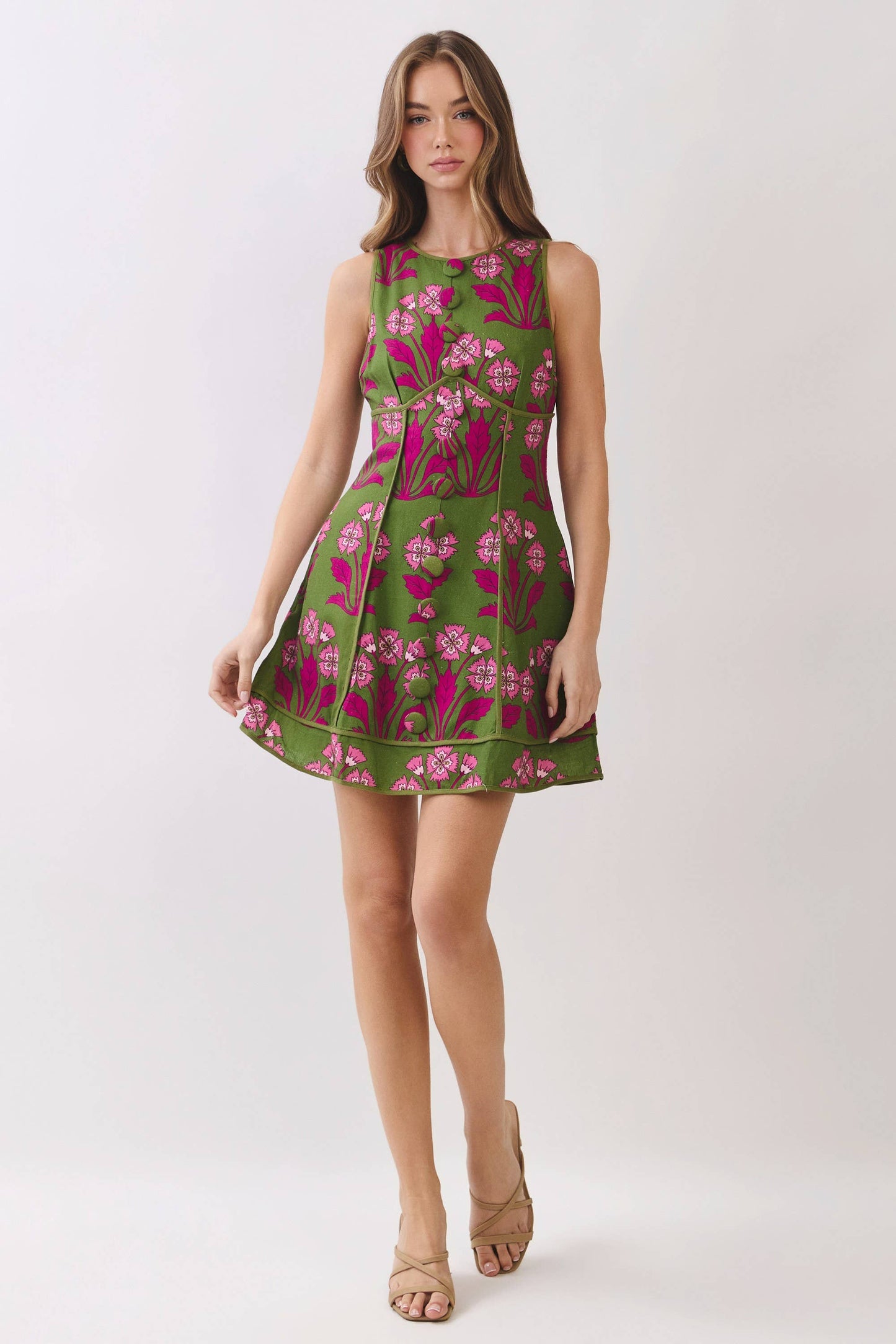 CD07224-Floral Print Decorative Button Front Mini Dress: Green / L