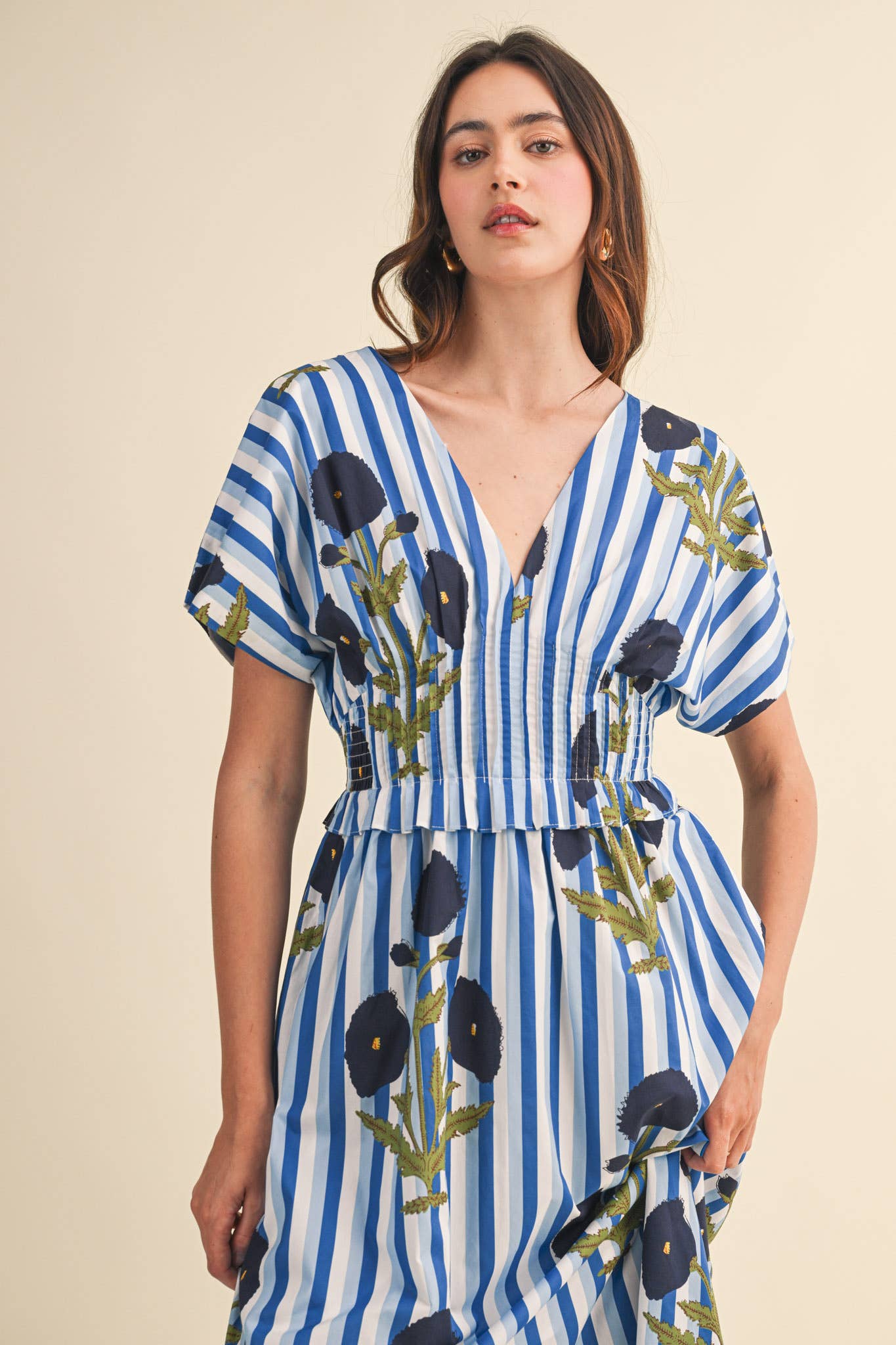 STRIPED FLORAL PIN TUCK WAIST MIDI DRESS MDR4787: BLUE FLORAL STRIPE / M