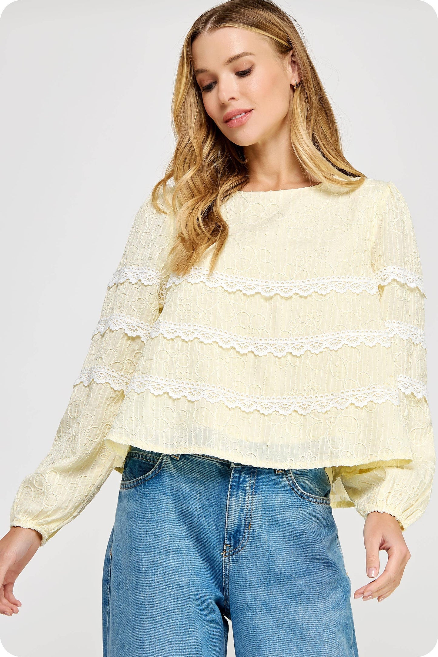 Contrast Lace Trim Detail Top: Muted Lime / S