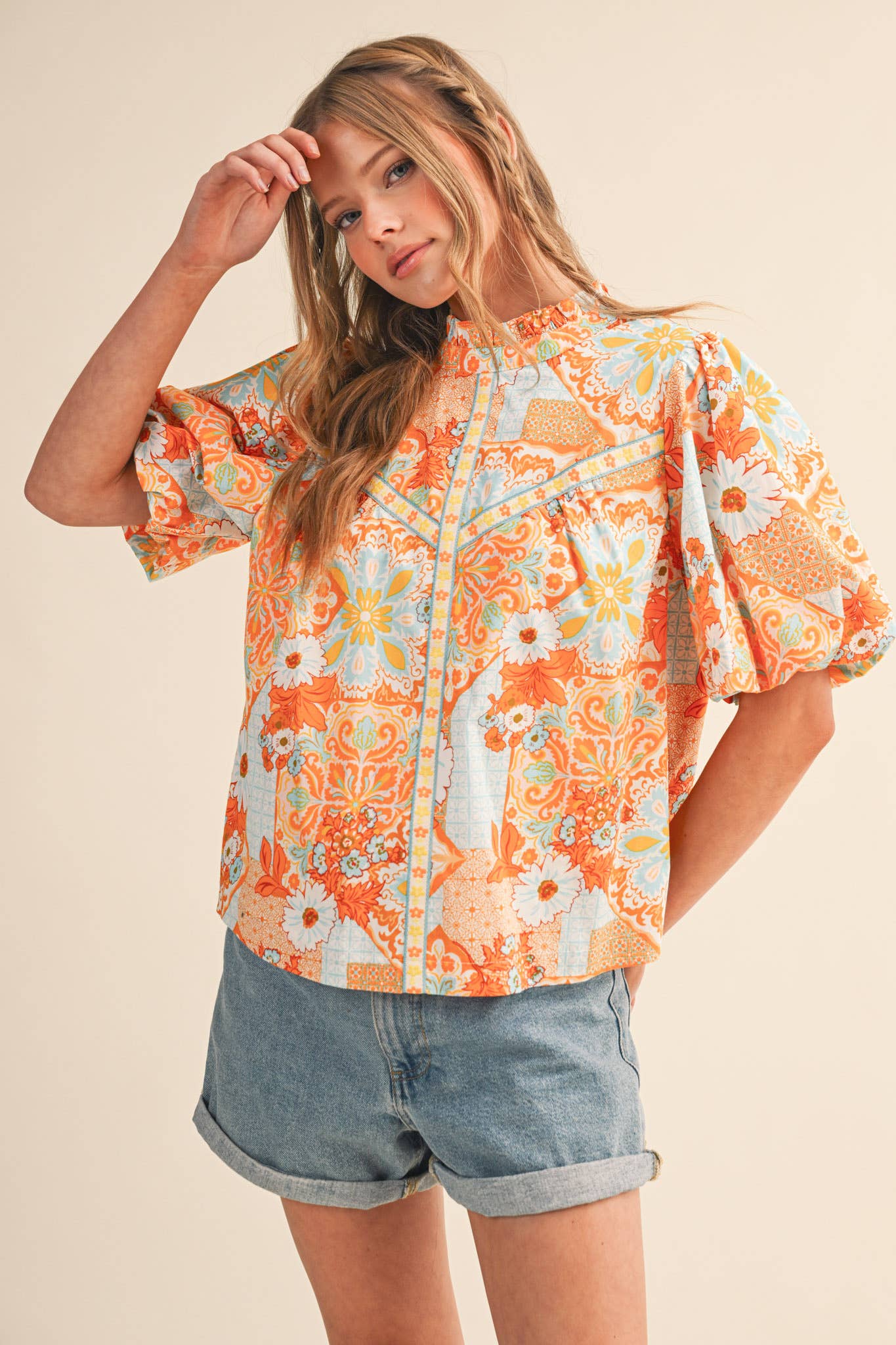 EXCLUSIVE FLORAL PRINT EMBROIDERY TRIM TOP MTP4610: ORANGE MULTI PAISLEY / M