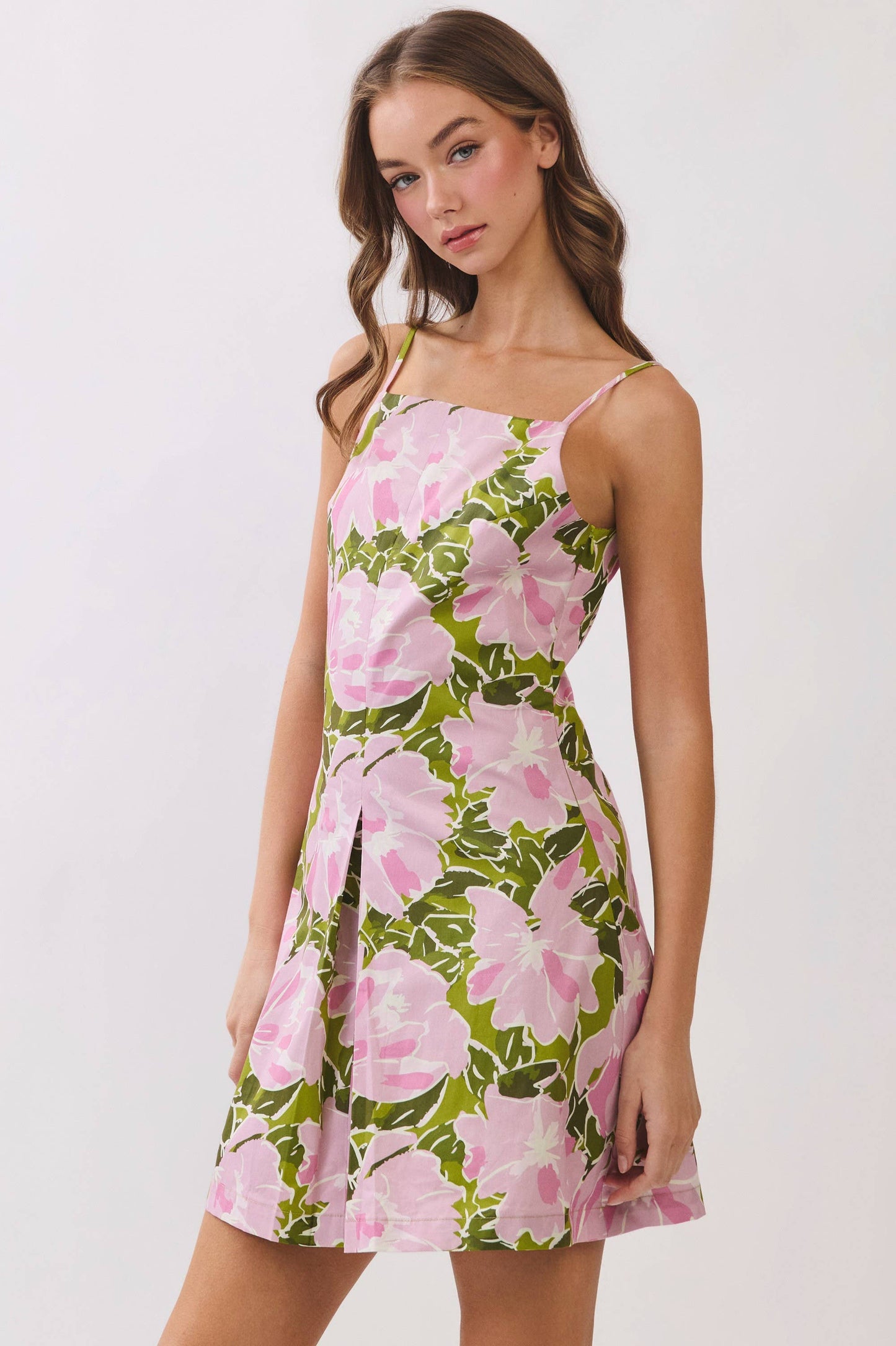 CD07246-Floral Print Square Neck Mini Dress: Green / M