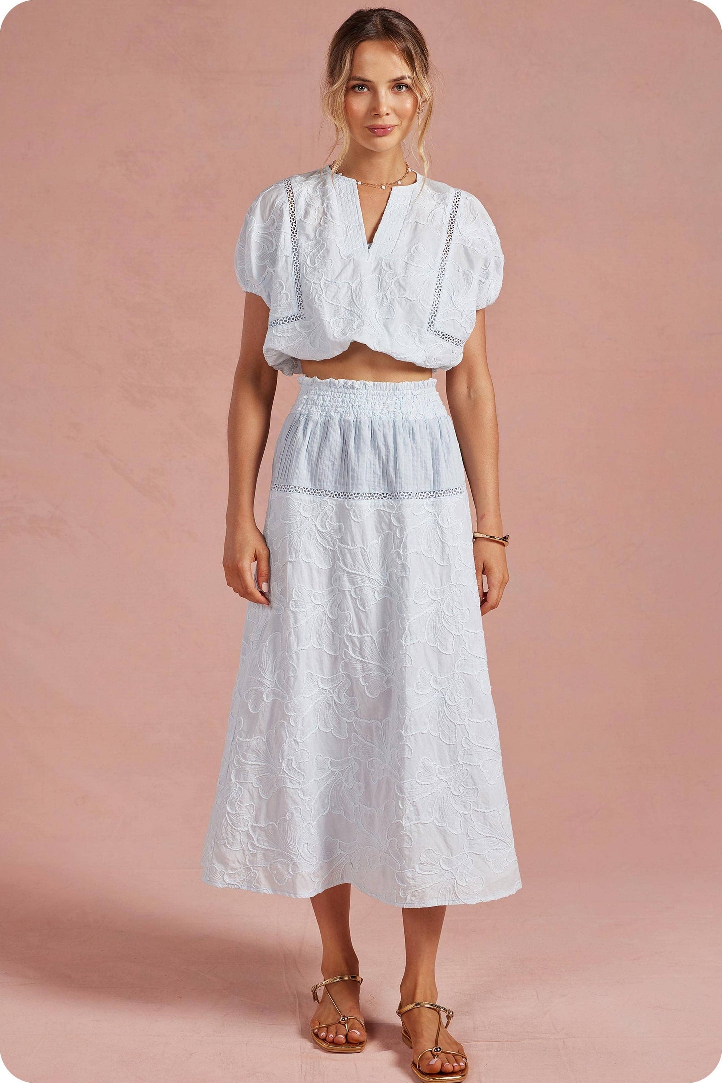 Floral Embroidery Cotton Lace Trim Skirt Top Set: Crystal Blue / M