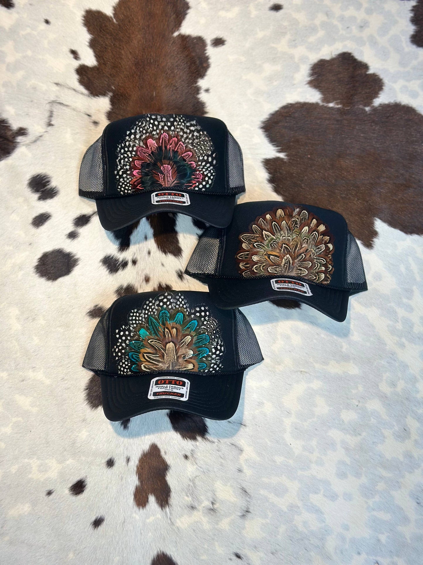 BLACK FEATHER TRUCKER HAT: With Faux Turquoise / Feather 1