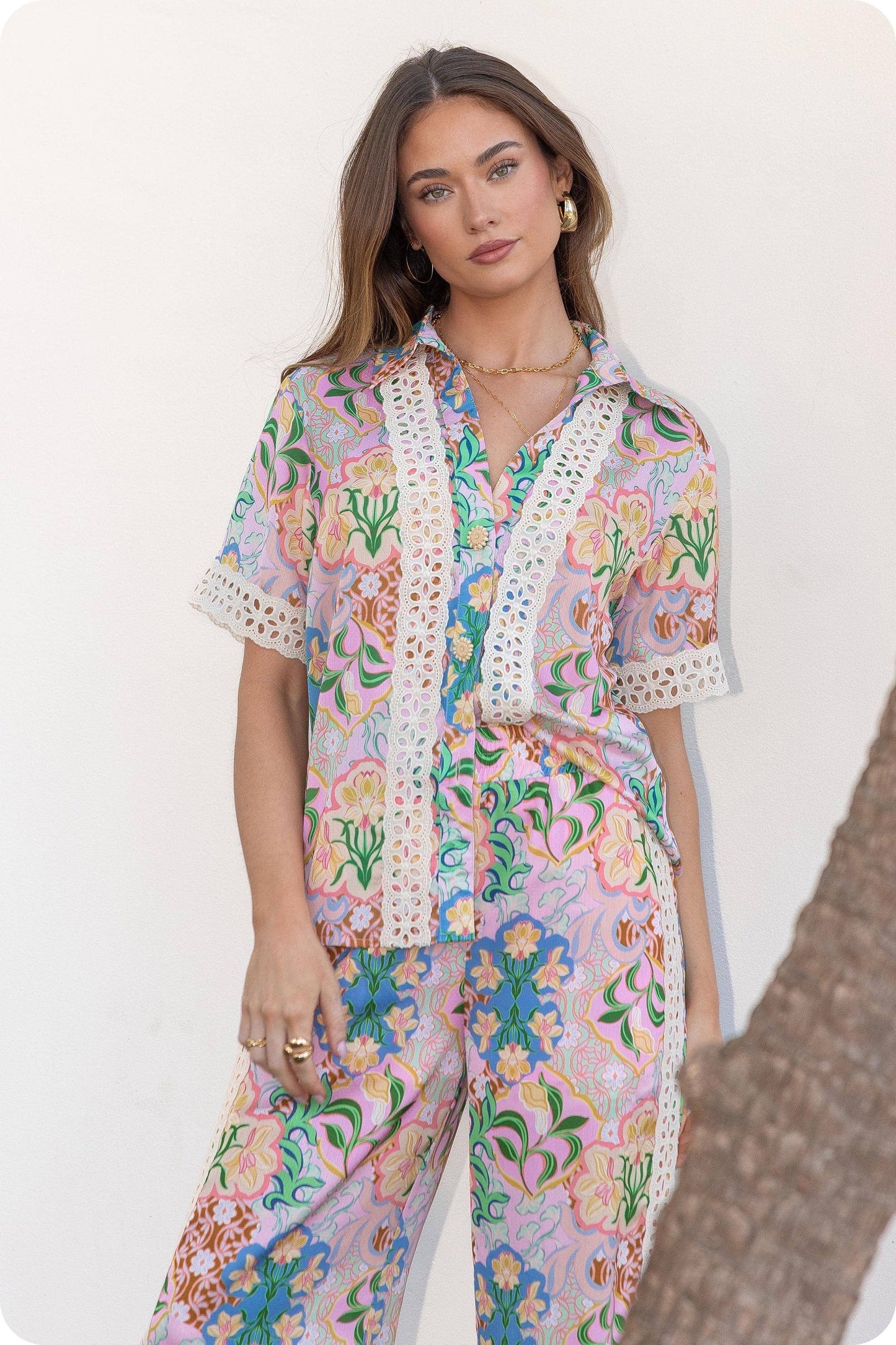 Garden Party Crochet Contrast Trim Satin Shirt: Multi / L
