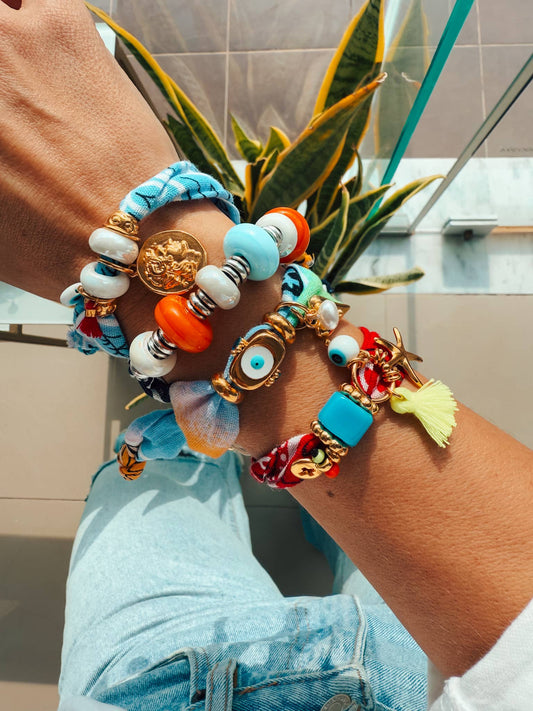 Summer bandana bracelets with goldand silver charms: 4