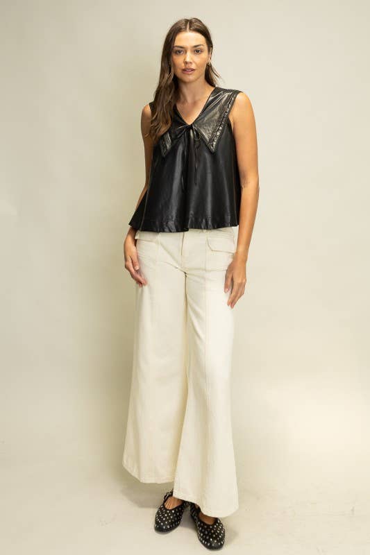 SOT1241 Faux Leather Sailor Collar Top: Black / S-M-L (2-2-2)