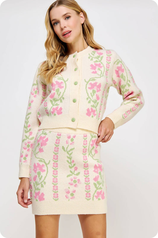 Floral Intarsia Sweater Cardigan: Cream / S