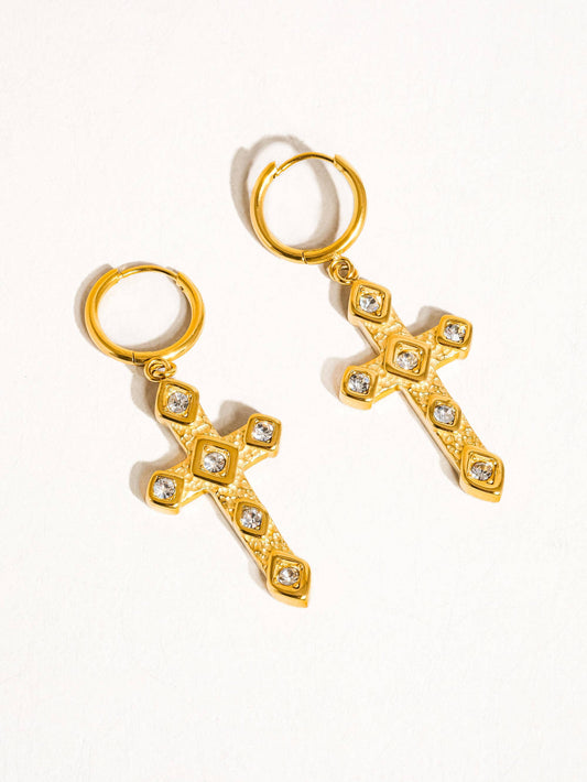 Miriam 18K Non-Tarnish CZ Cross Earring: Yellow Gold