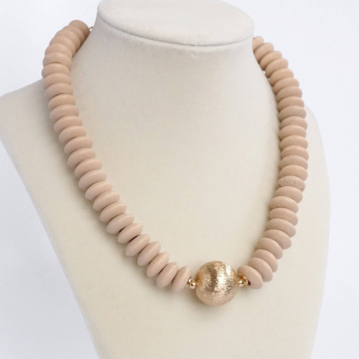 Wood Saucer Beads Short Statement Necklace Gold center Hot Pink Beige: Beige